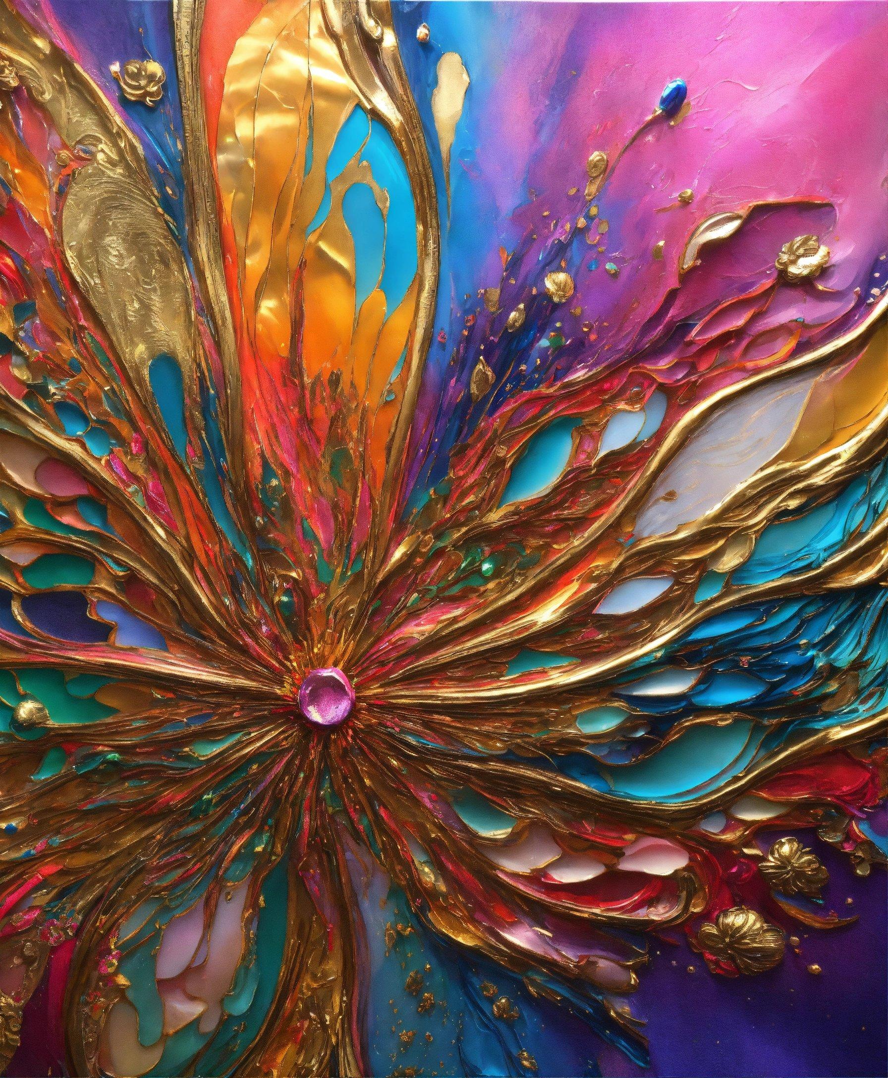 A Colorful Painting With Gold, Blue, And Pink Colors