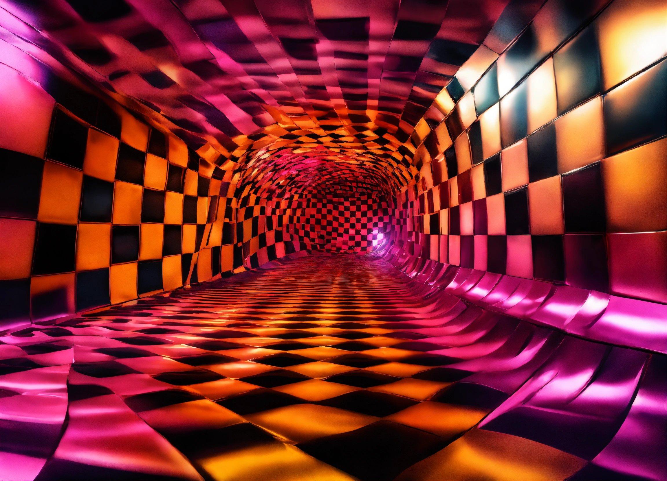 A Colorful Tunnel With A Checkered Floor And Lights