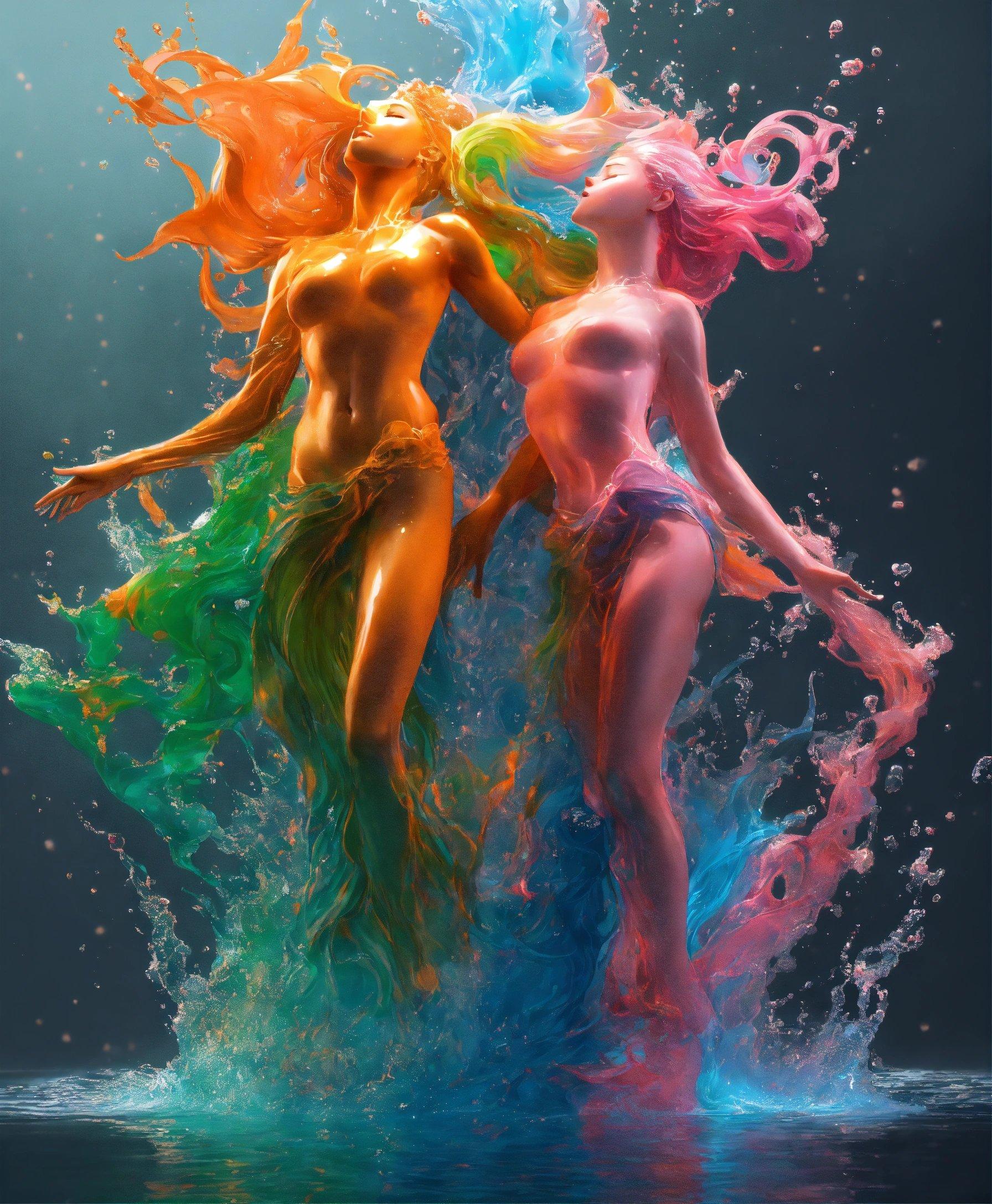 A Couple Of Women Standing Next To Each Other In The Water