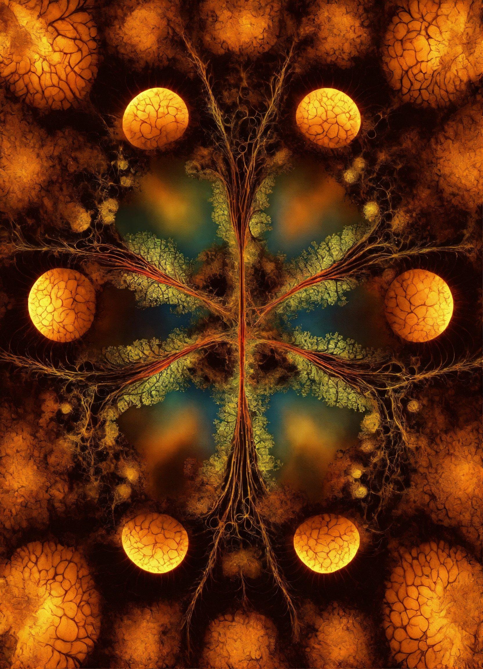 A Digital Painting Of A Tree Surrounded By Yellow And Blue Balls