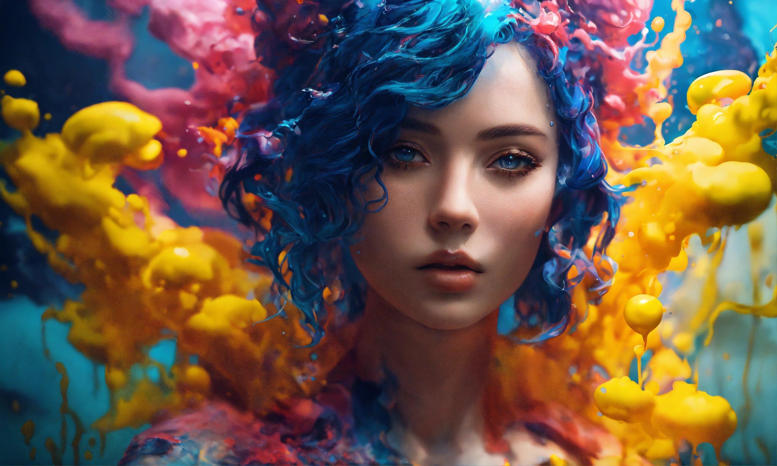 A Digital Painting Of A Woman With Blue Hair