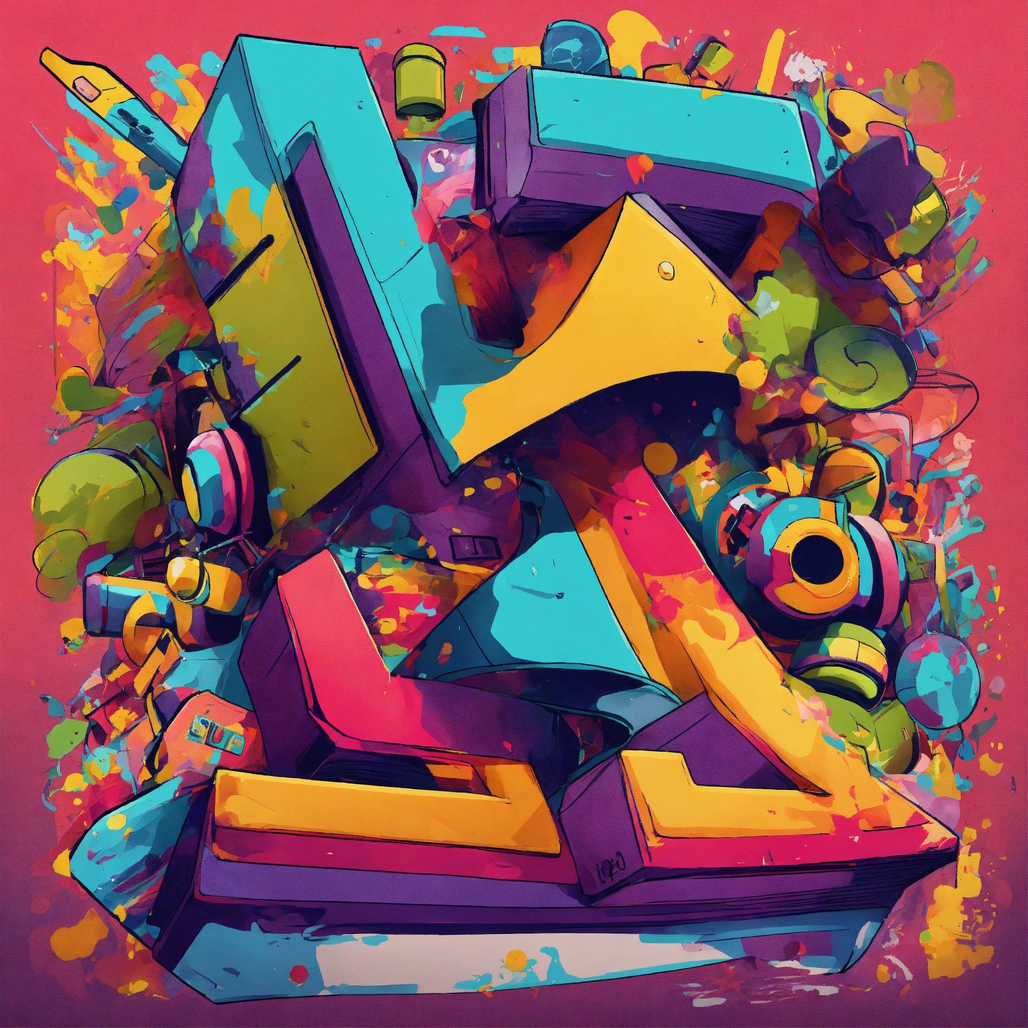 A Digital Painting Of Colorful Letters And Headphones