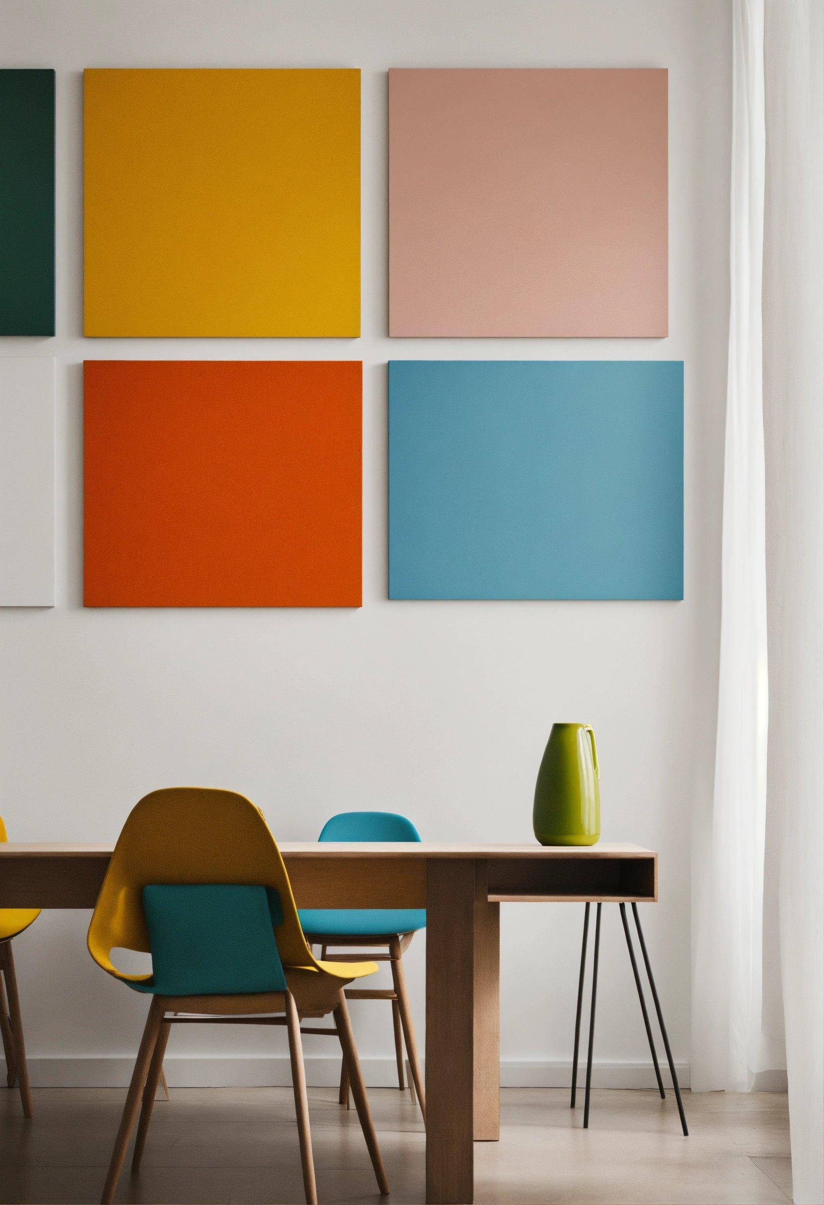 A Dining Room With A Table, Chairs, And Paintings On The Wall