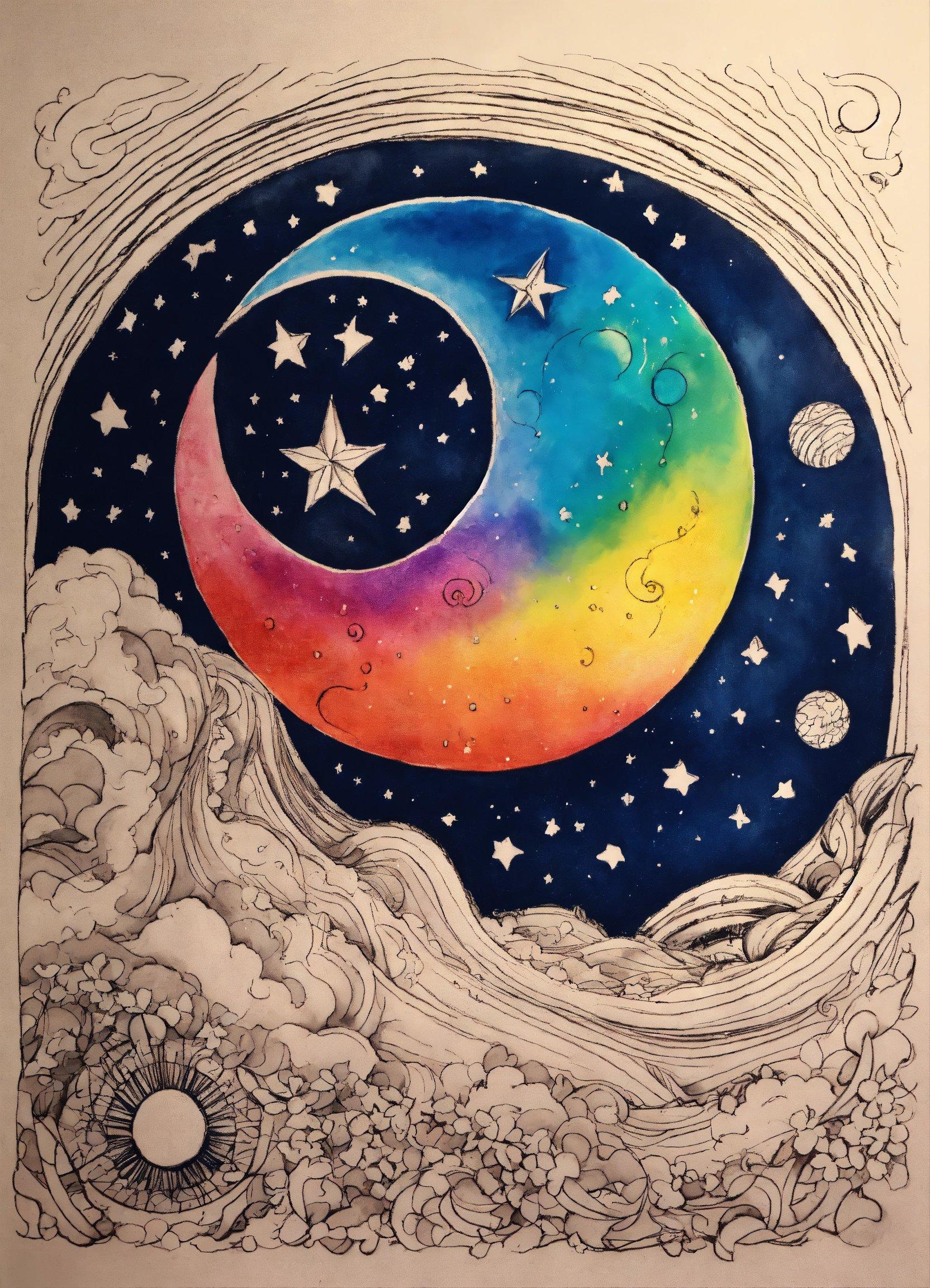 A Drawing Of A Crescent With Stars In The Sky