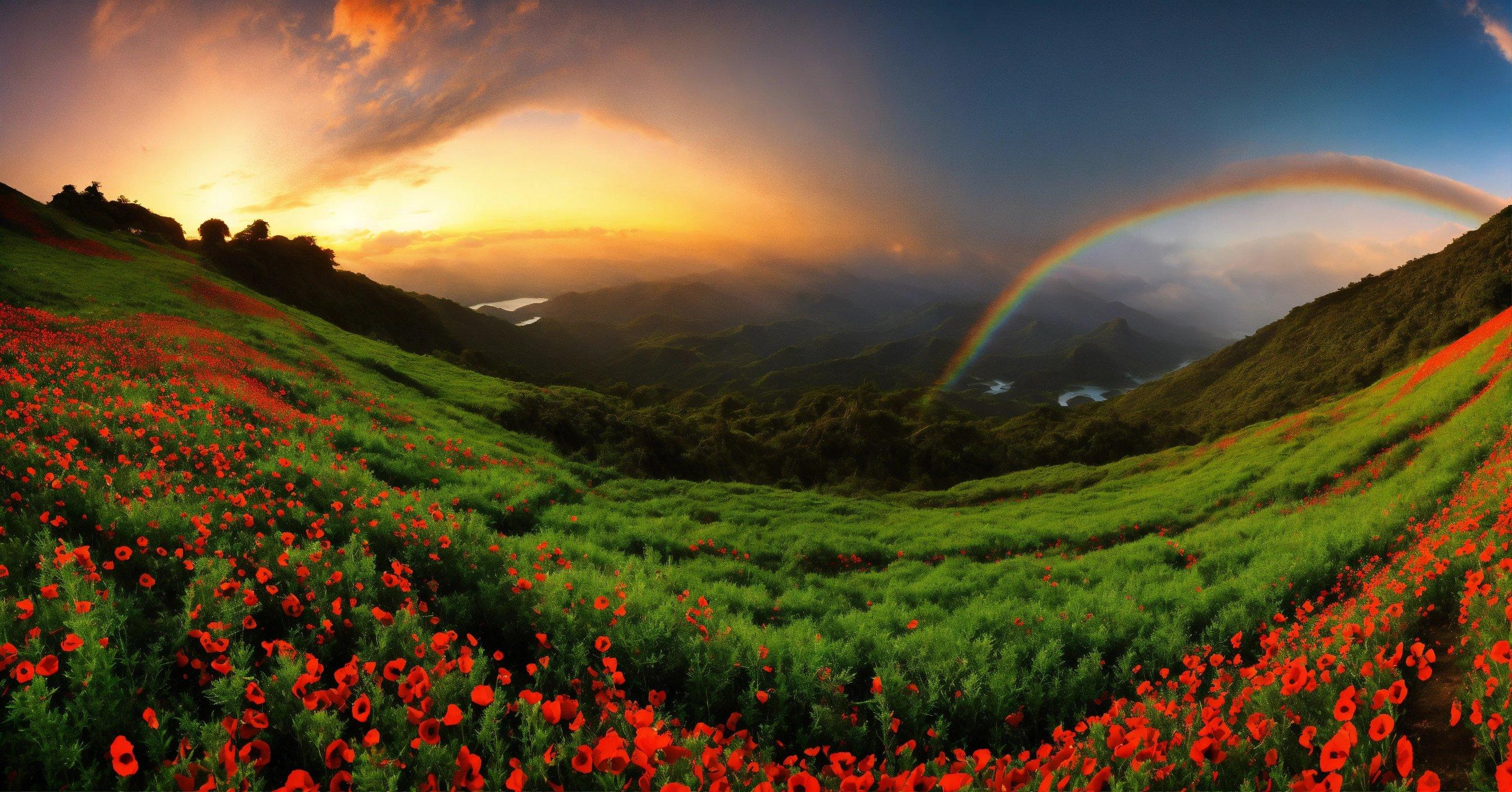 A Field Of Flowers With A Rainbow In The Background