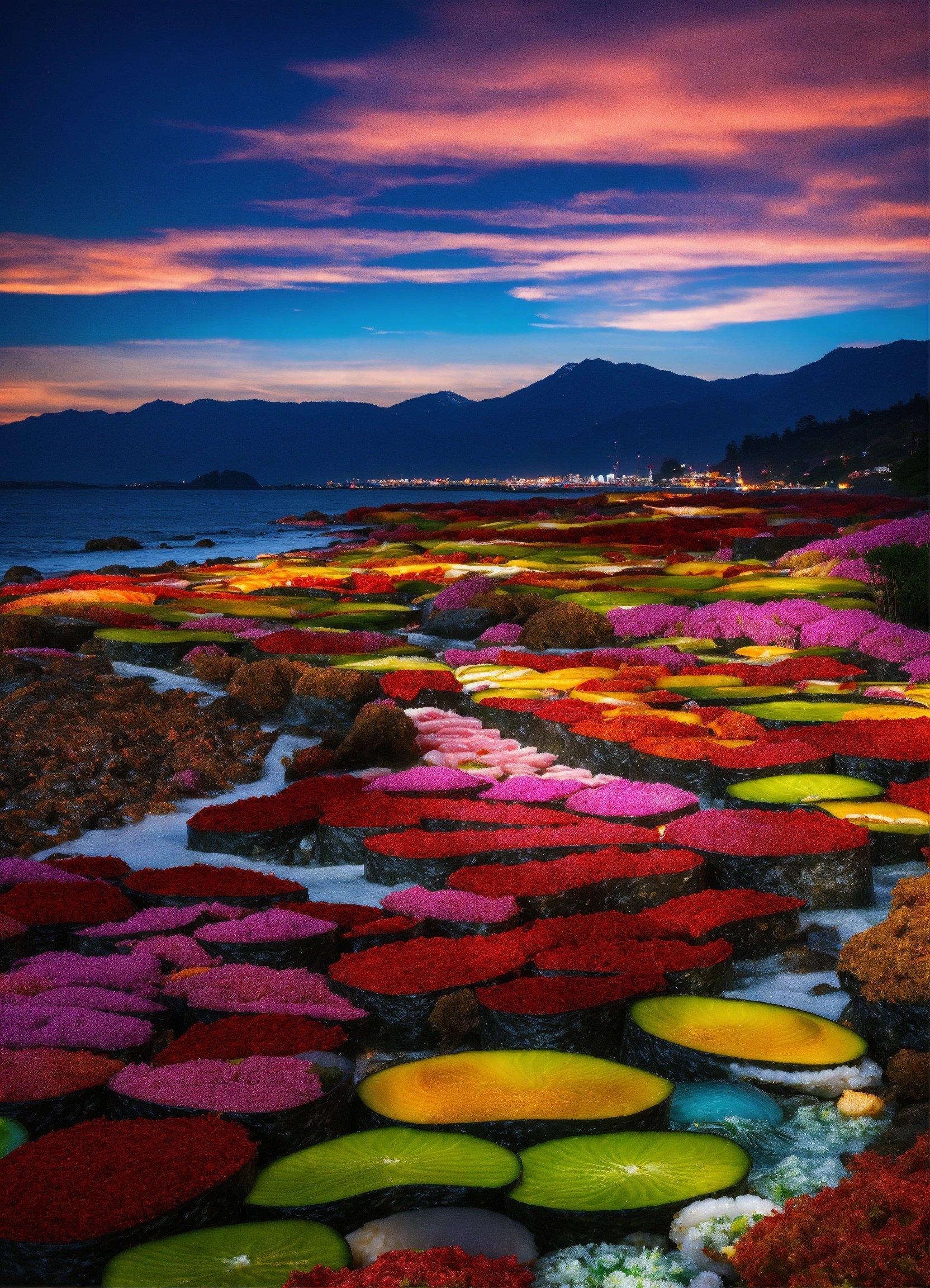 A Field Of Flowers With A Sunset In The Background