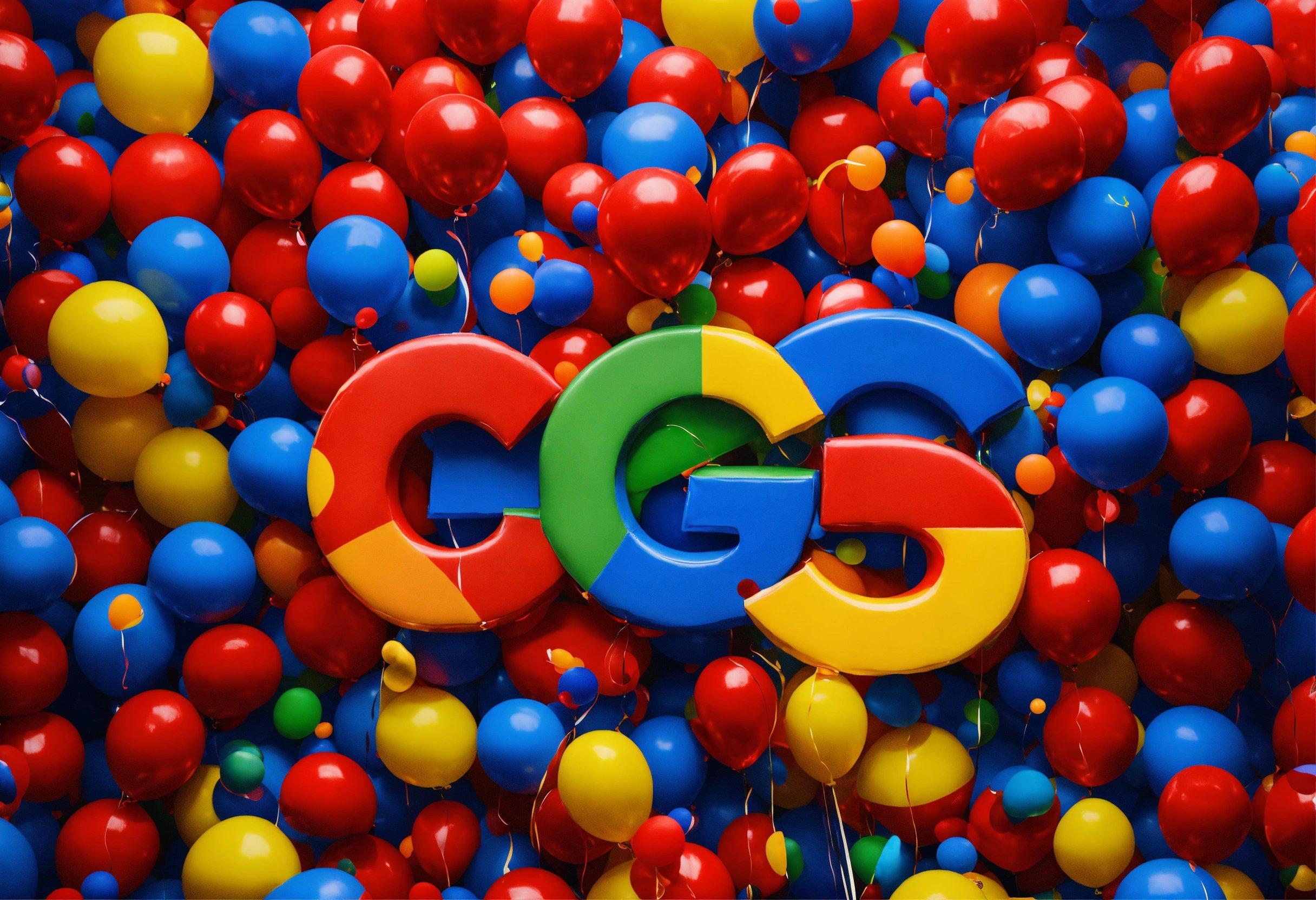 A Google Logo Surrounded By Balloons And Streamers