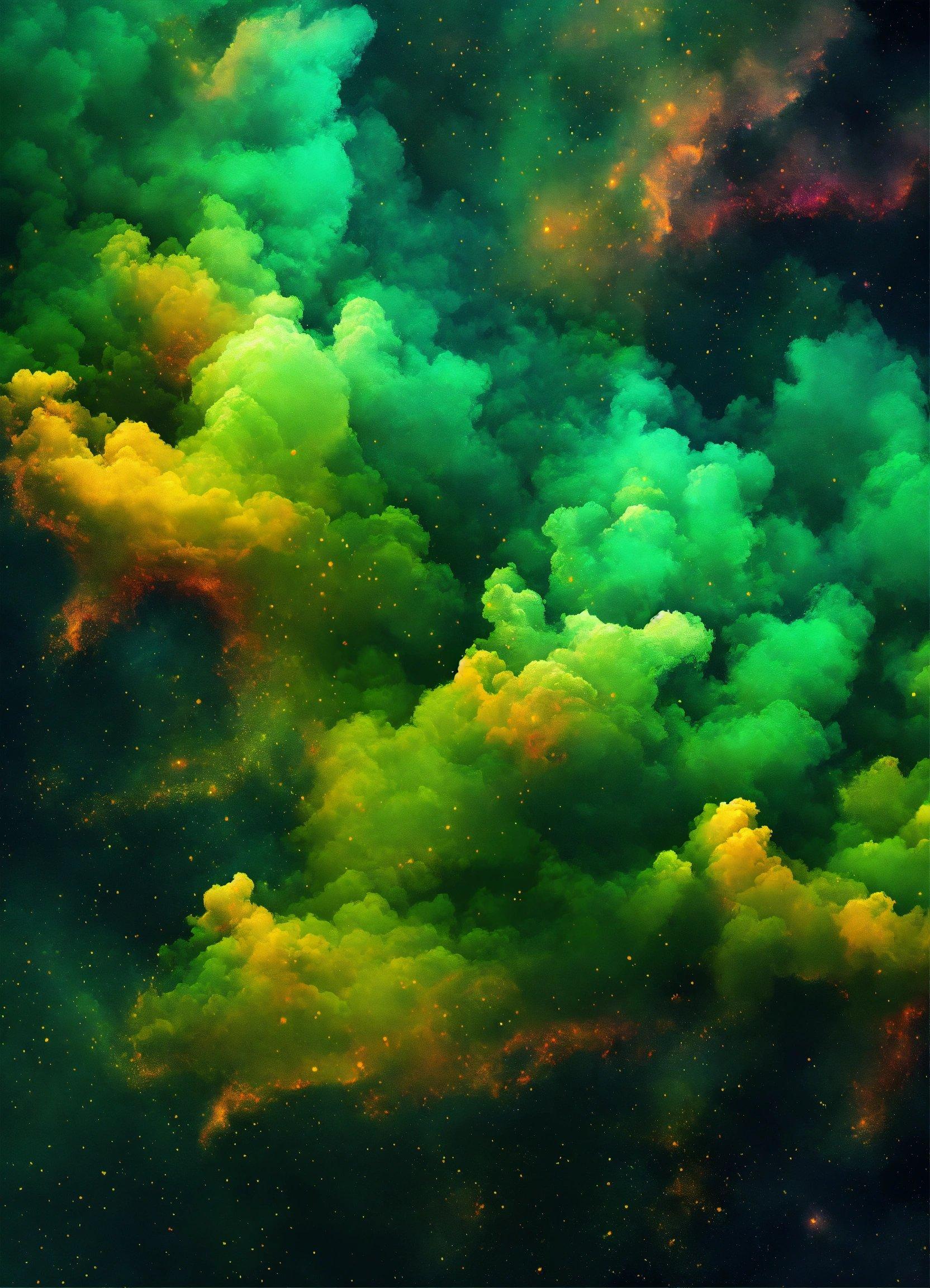 A Green And Yellow Cloud Filled With Stars