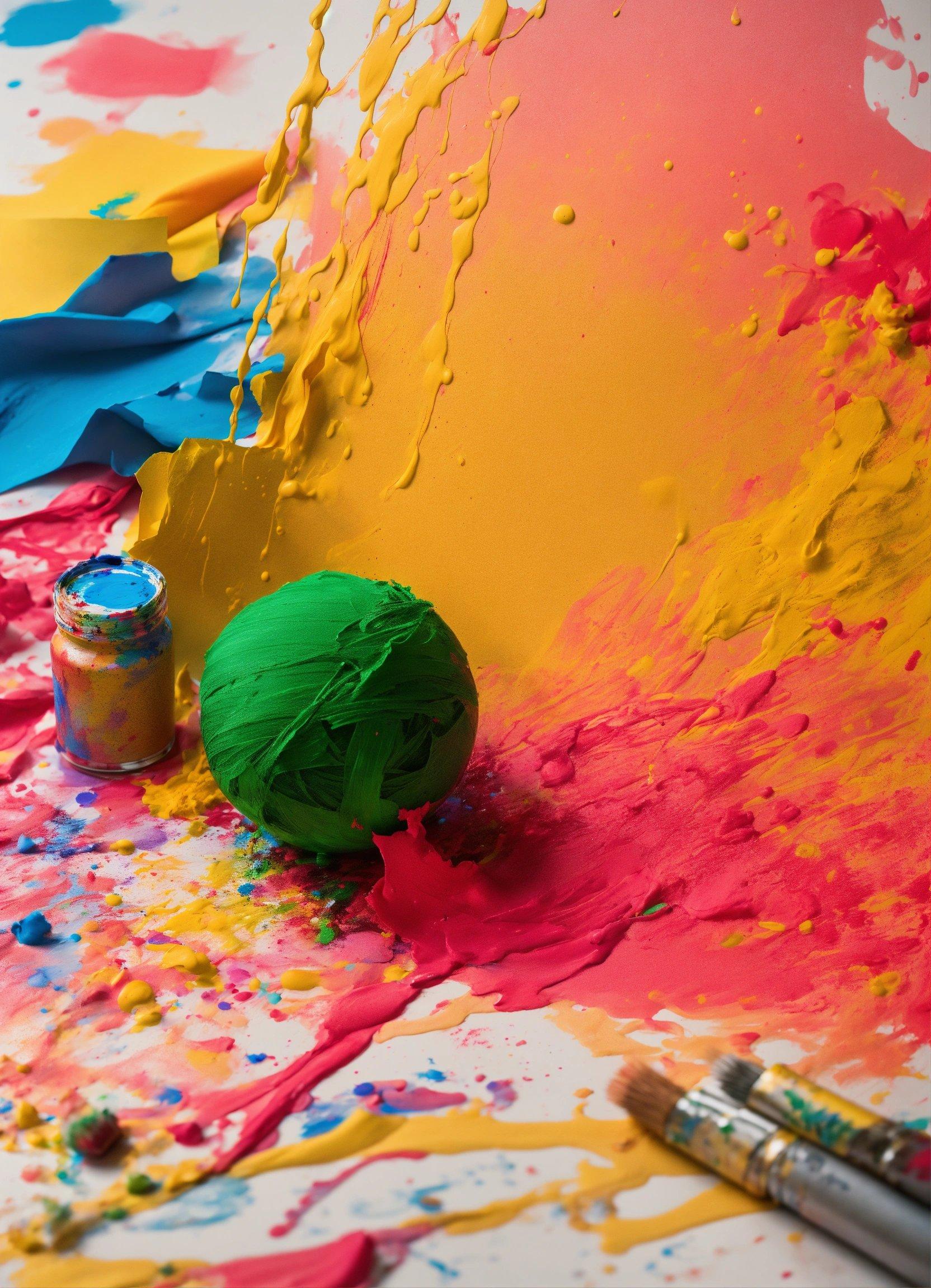 A Green Ball Sitting On Top Of A Table Covered In Paint