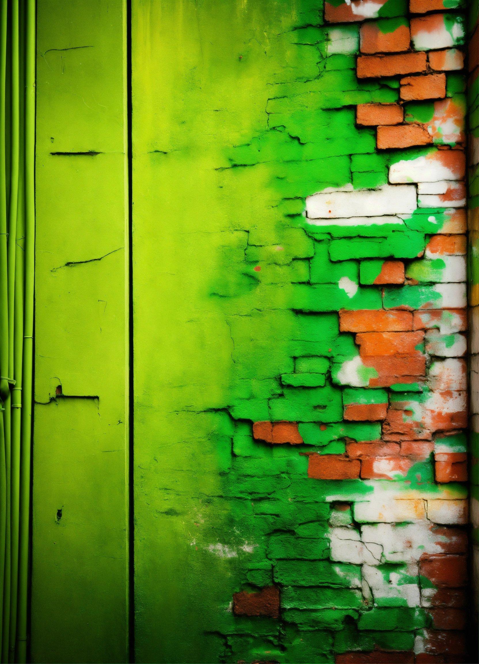 A Green Wall With A Red And White Brick Pattern