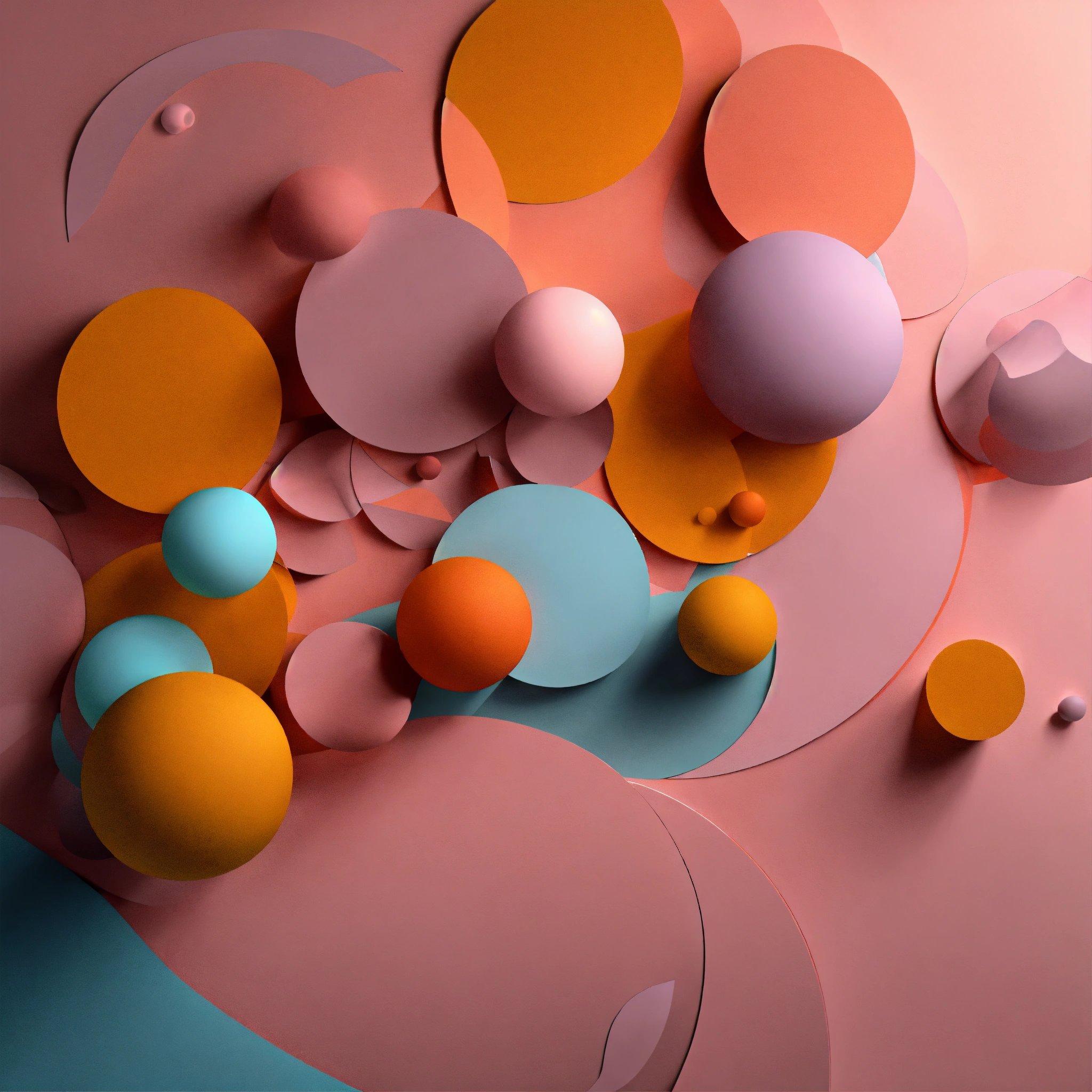 A Group Of Balls And Shapes On A Pink Background