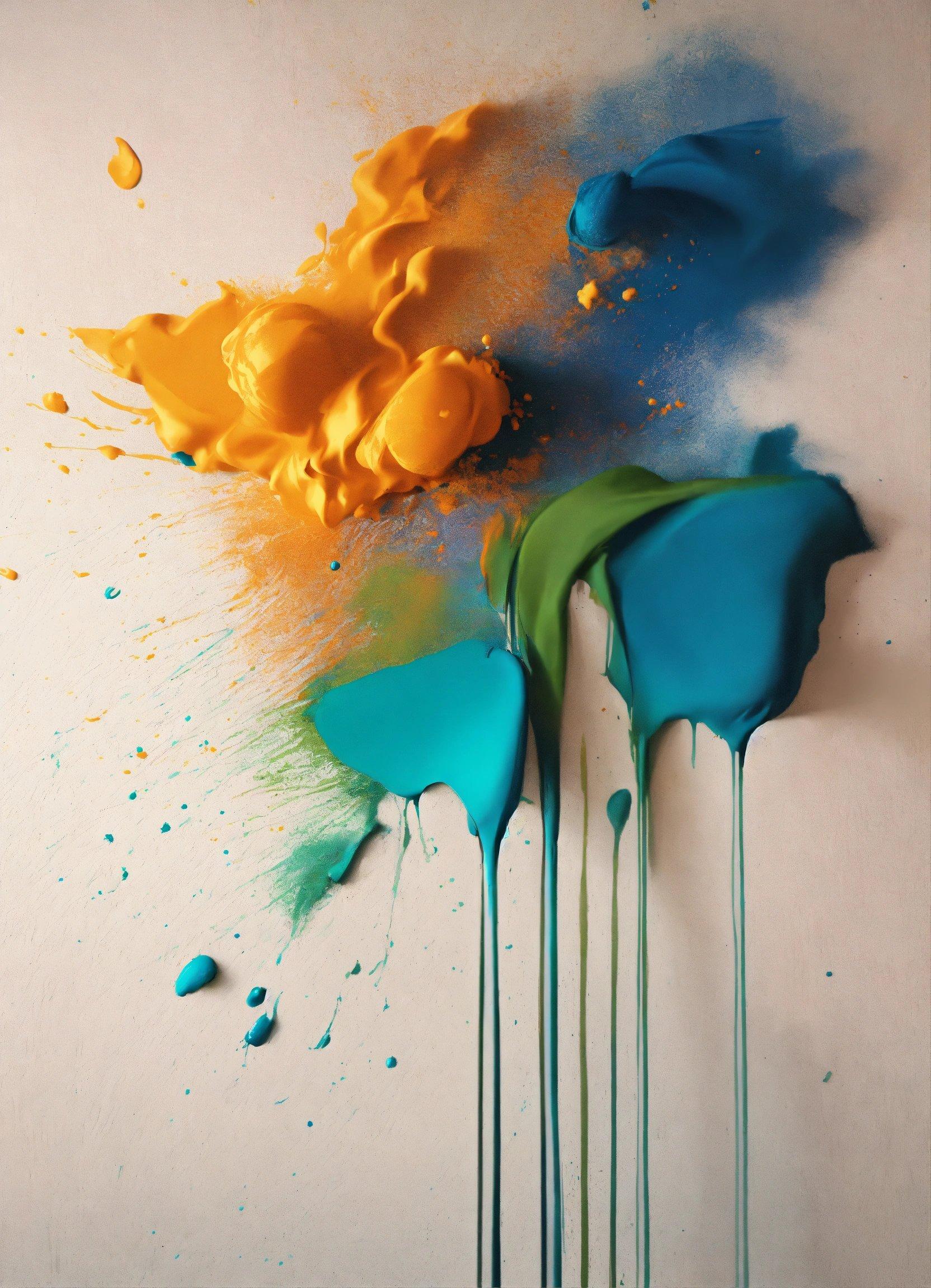 A Group Of Blue And Yellow Paint On A White Surface