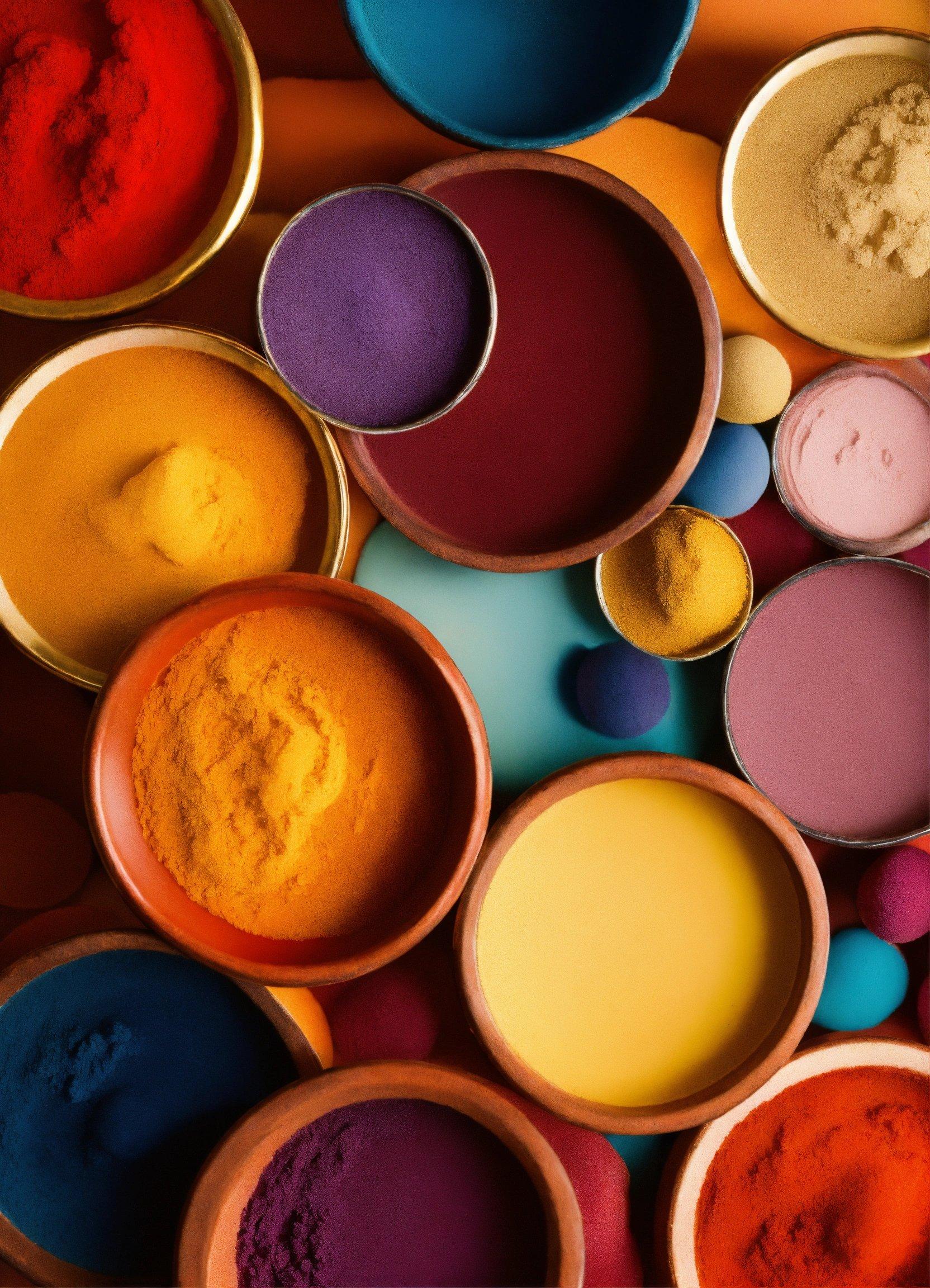 A Group Of Bowls Filled With Different Colored Powders