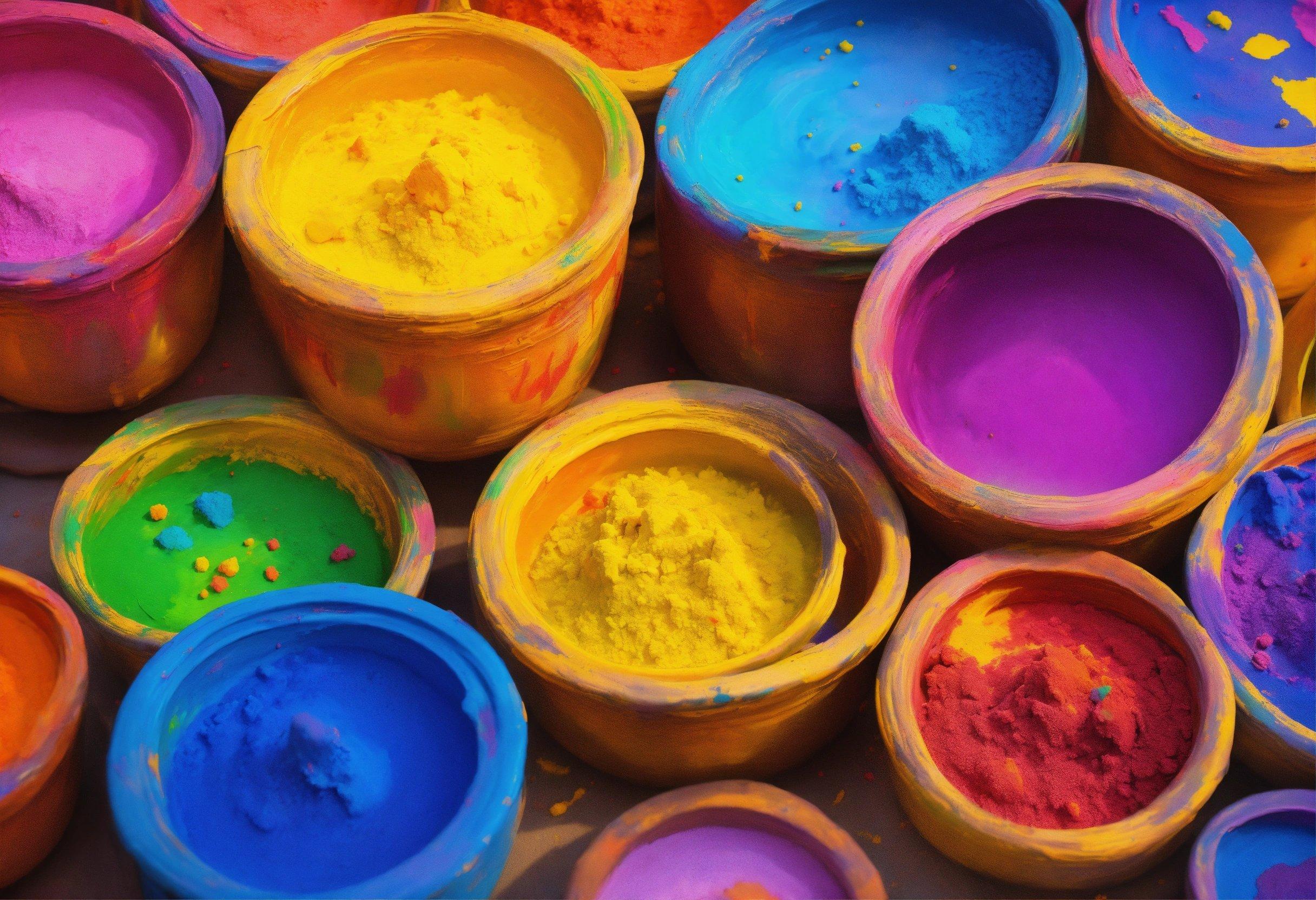 A Group Of Buckets Filled With Different Colored Paint