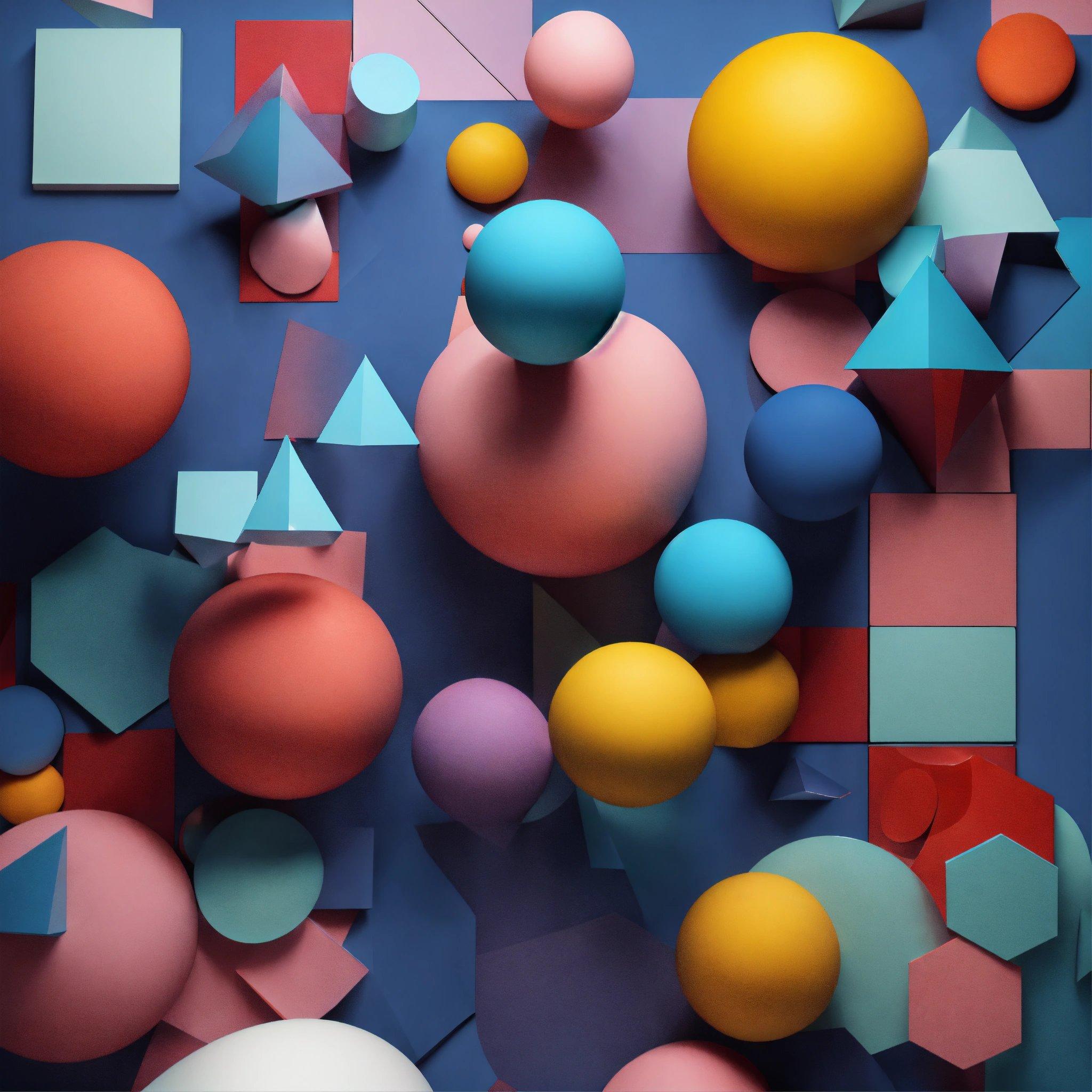 A Group Of Colorful Balls And Shapes On A Blue Surface