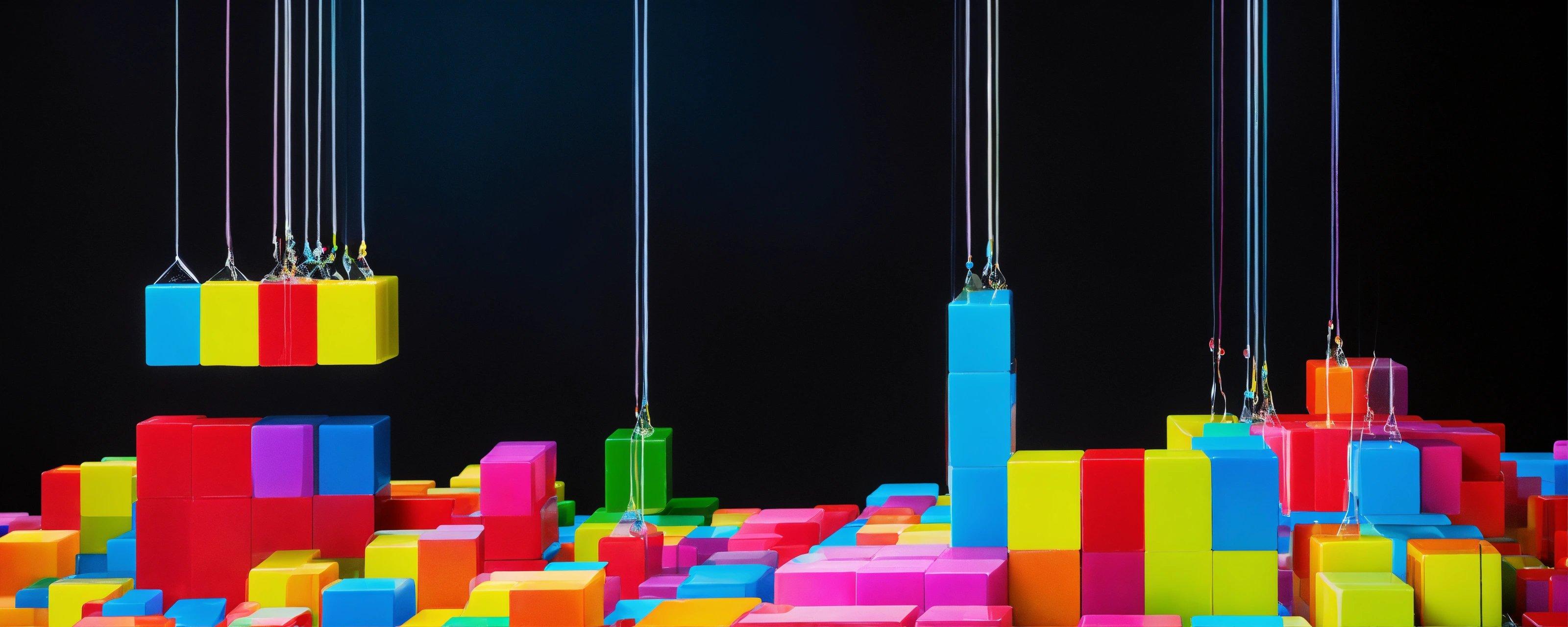 A Group Of Colorful Blocks Hanging From Strings