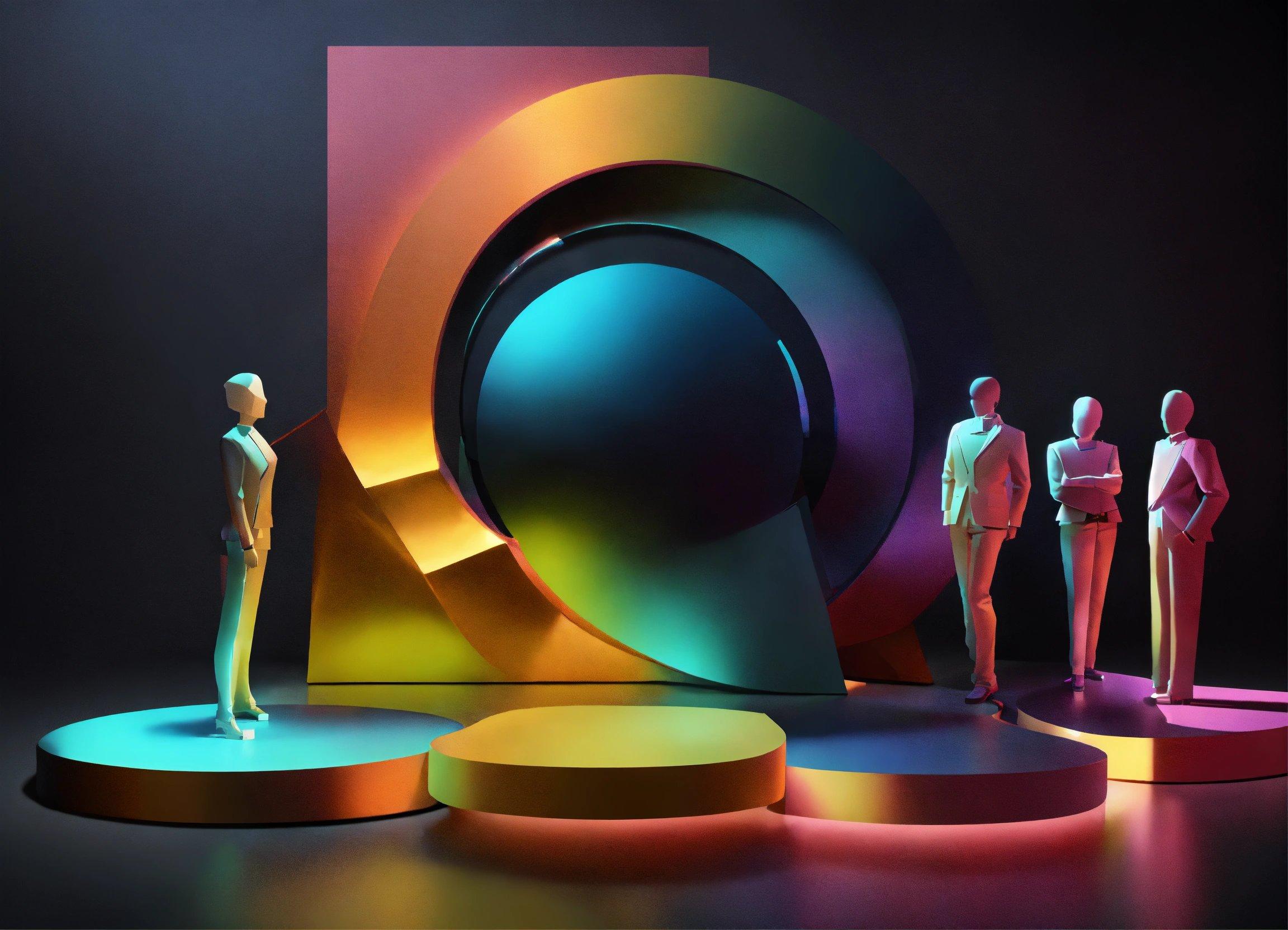 A Group Of Mannequins Standing In Front Of A Colorful Sculpture