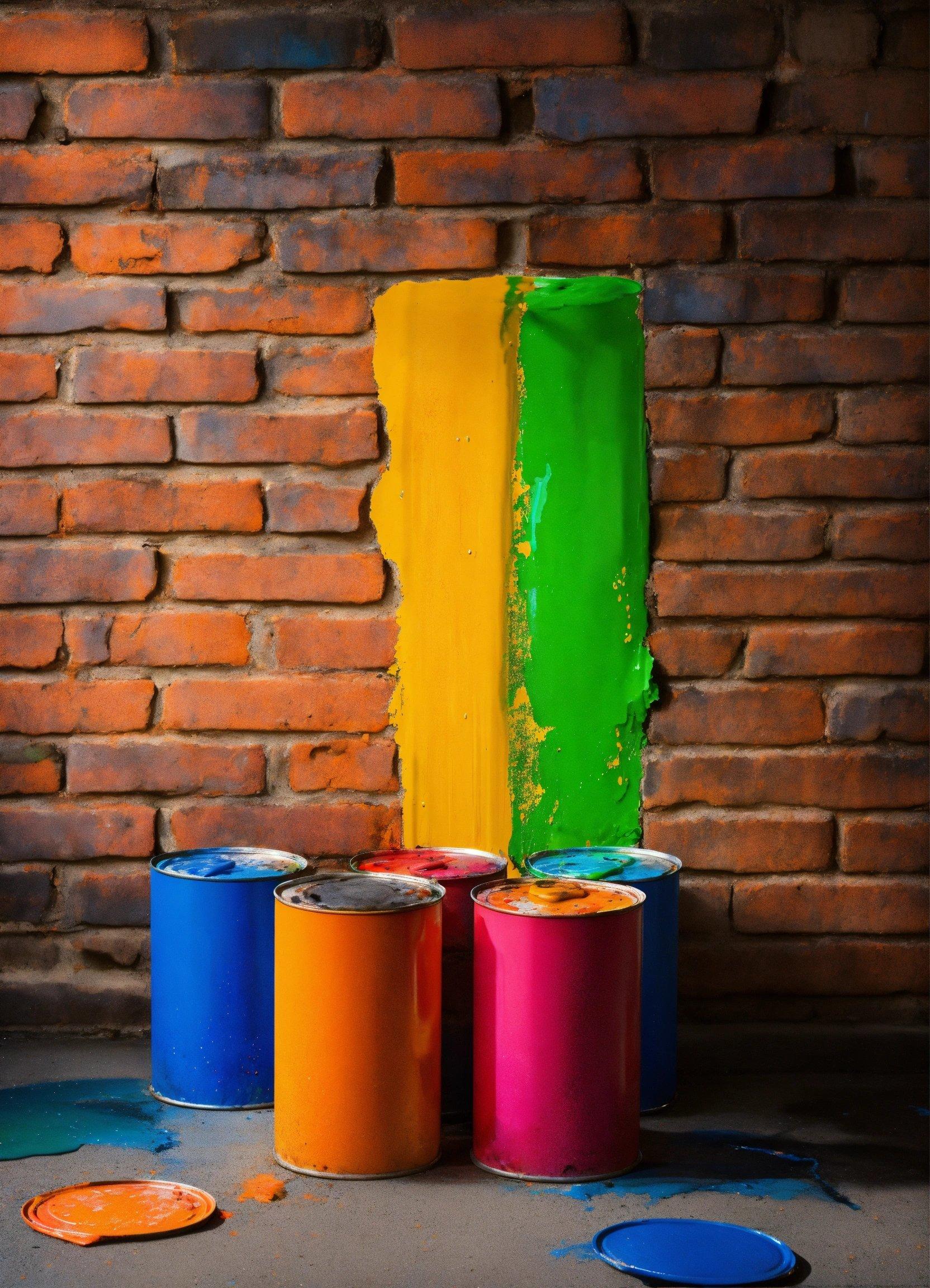 A Group Of Paint Cans Sitting In Front Of A Brick Wall