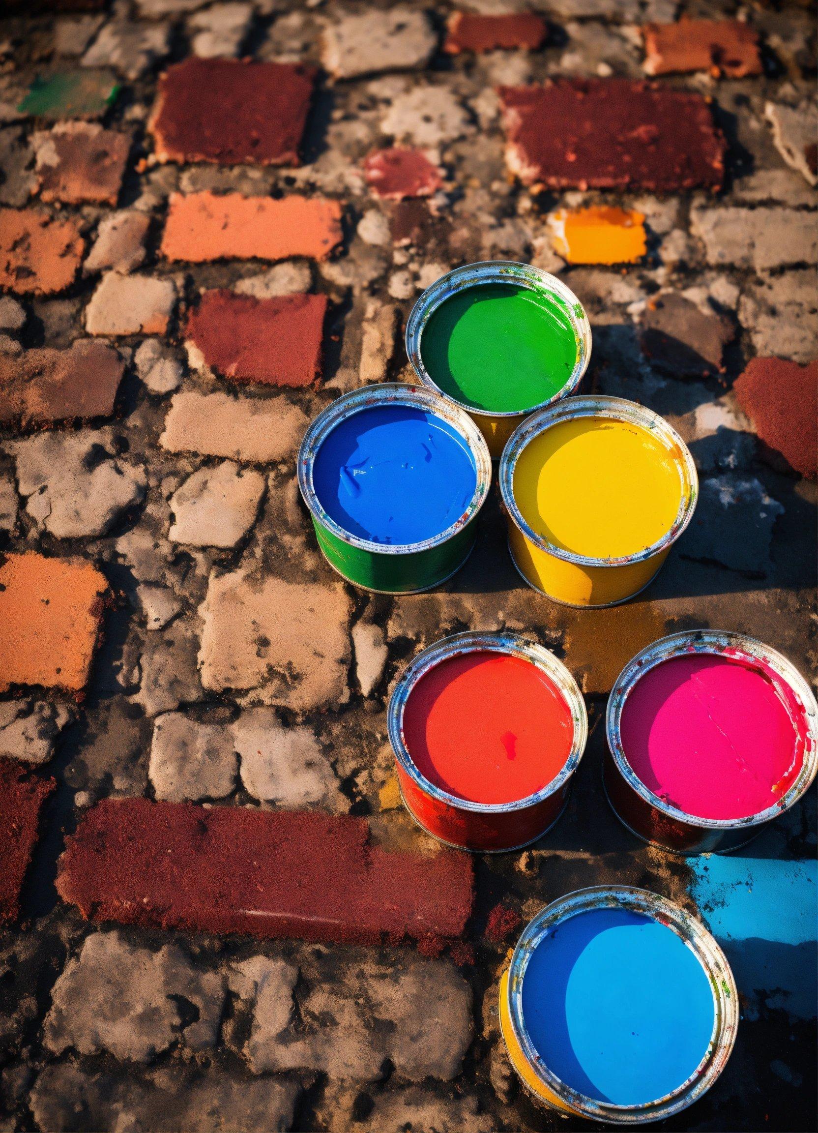 A Group Of Paint Cans Sitting On Top Of A Brick Road