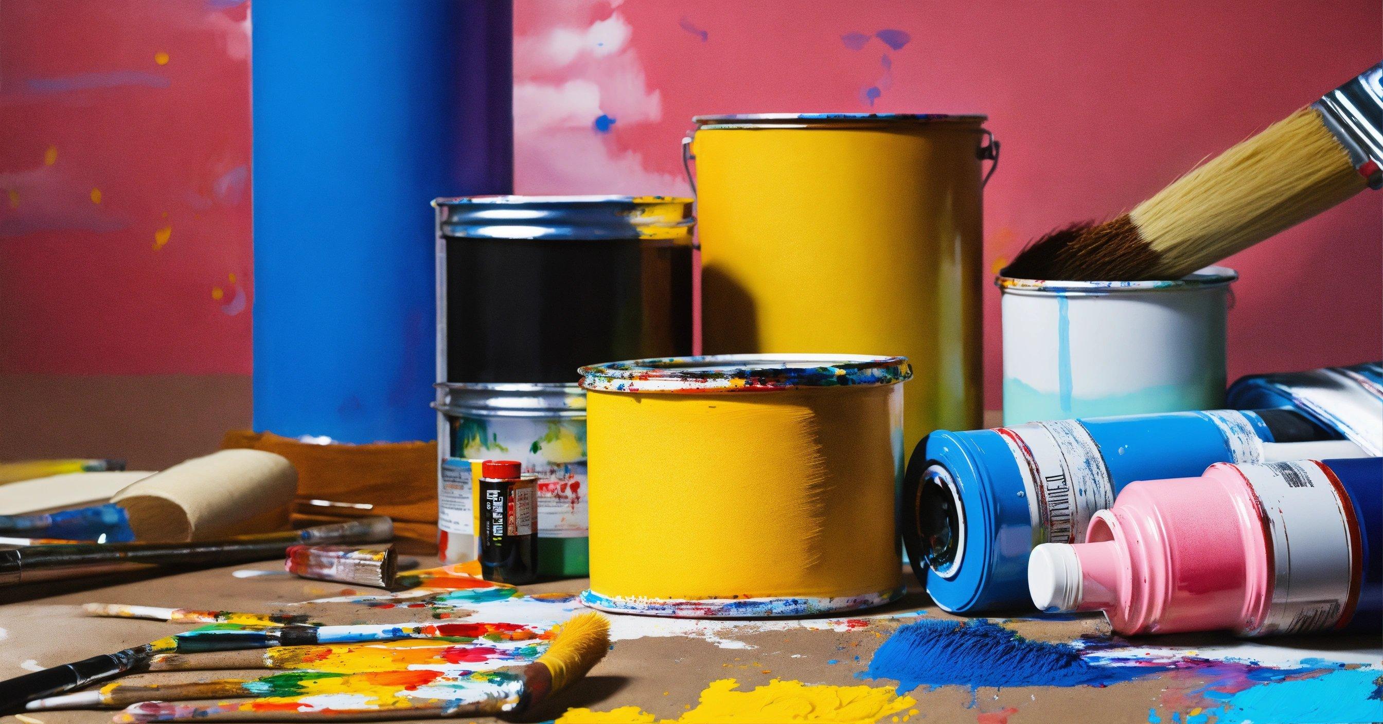 A Group Of Paint Cans Sitting On Top Of A Table