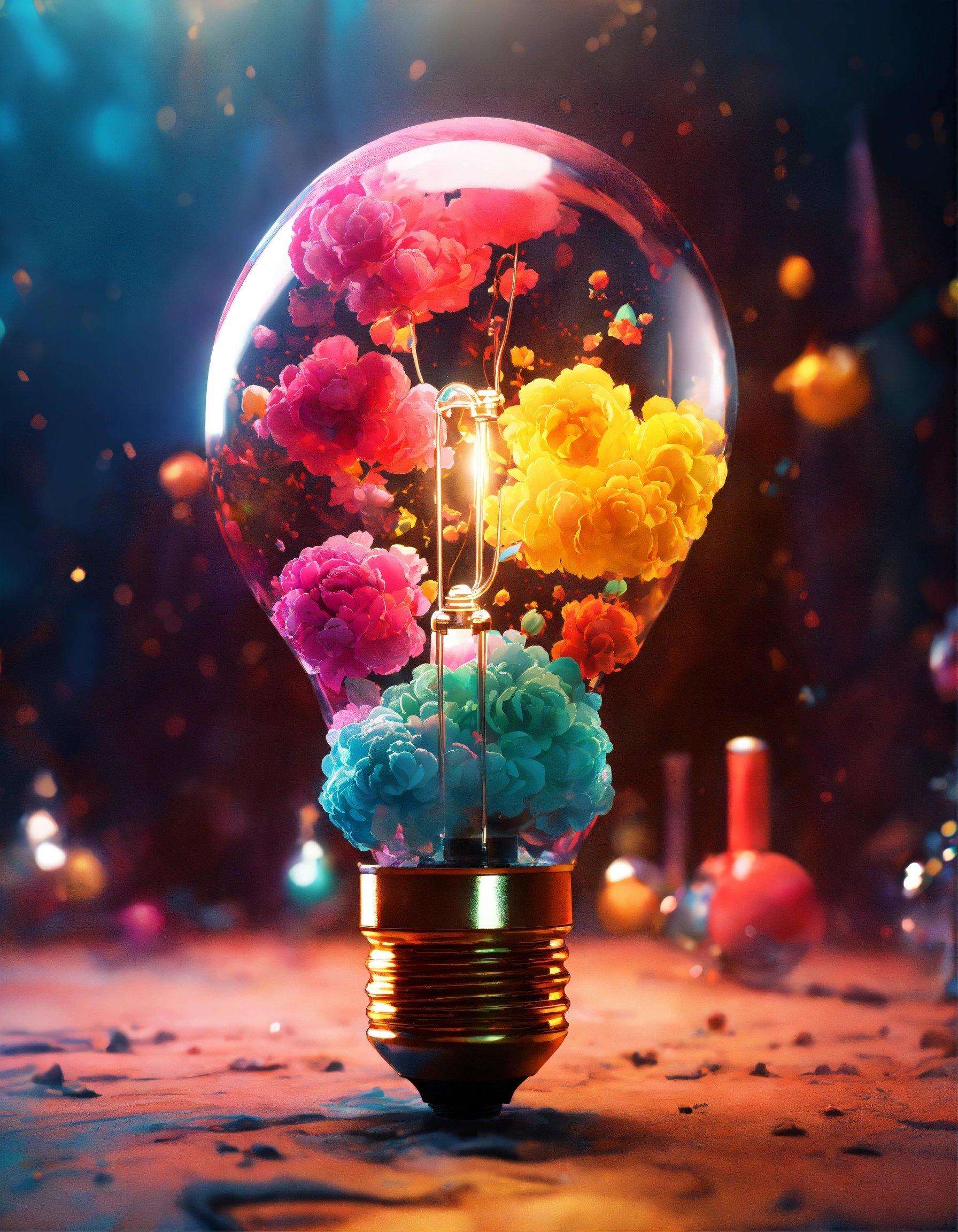 A Light Bulb With Flowers Inside Of It