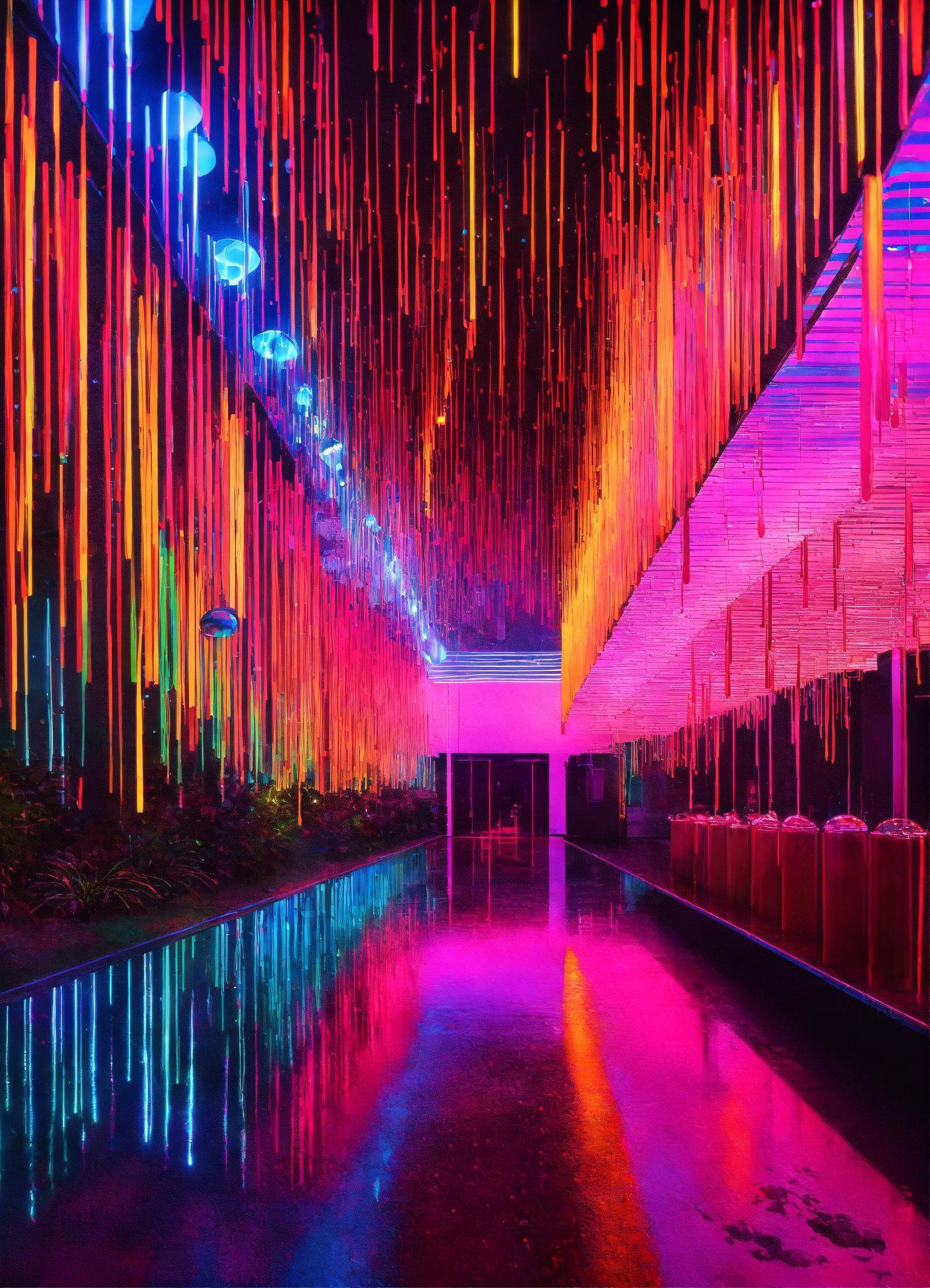 A Long Hallway With A Lot Of Colorful Lights Hanging From The Ceiling