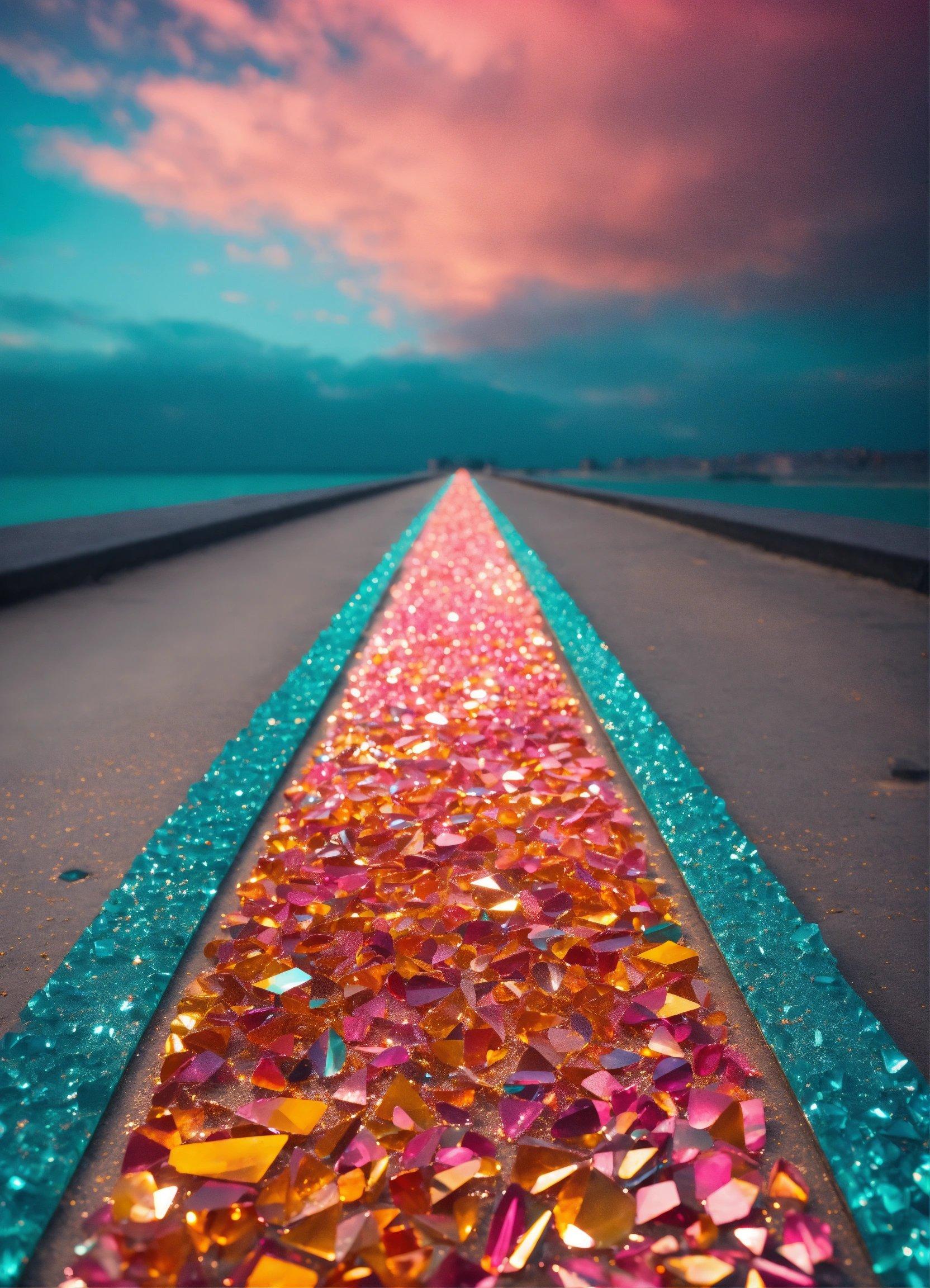 A Long Line Of Colorful Glass Shards On The Side Of A Road