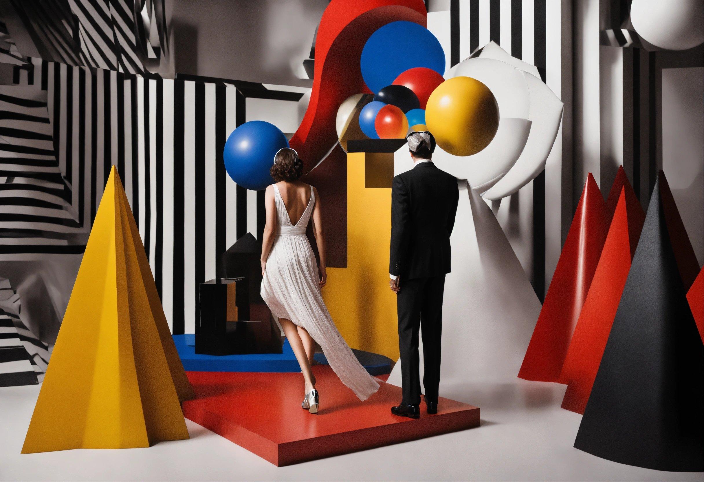 A Man And A Woman Standing In Front Of A Colorful Sculpture