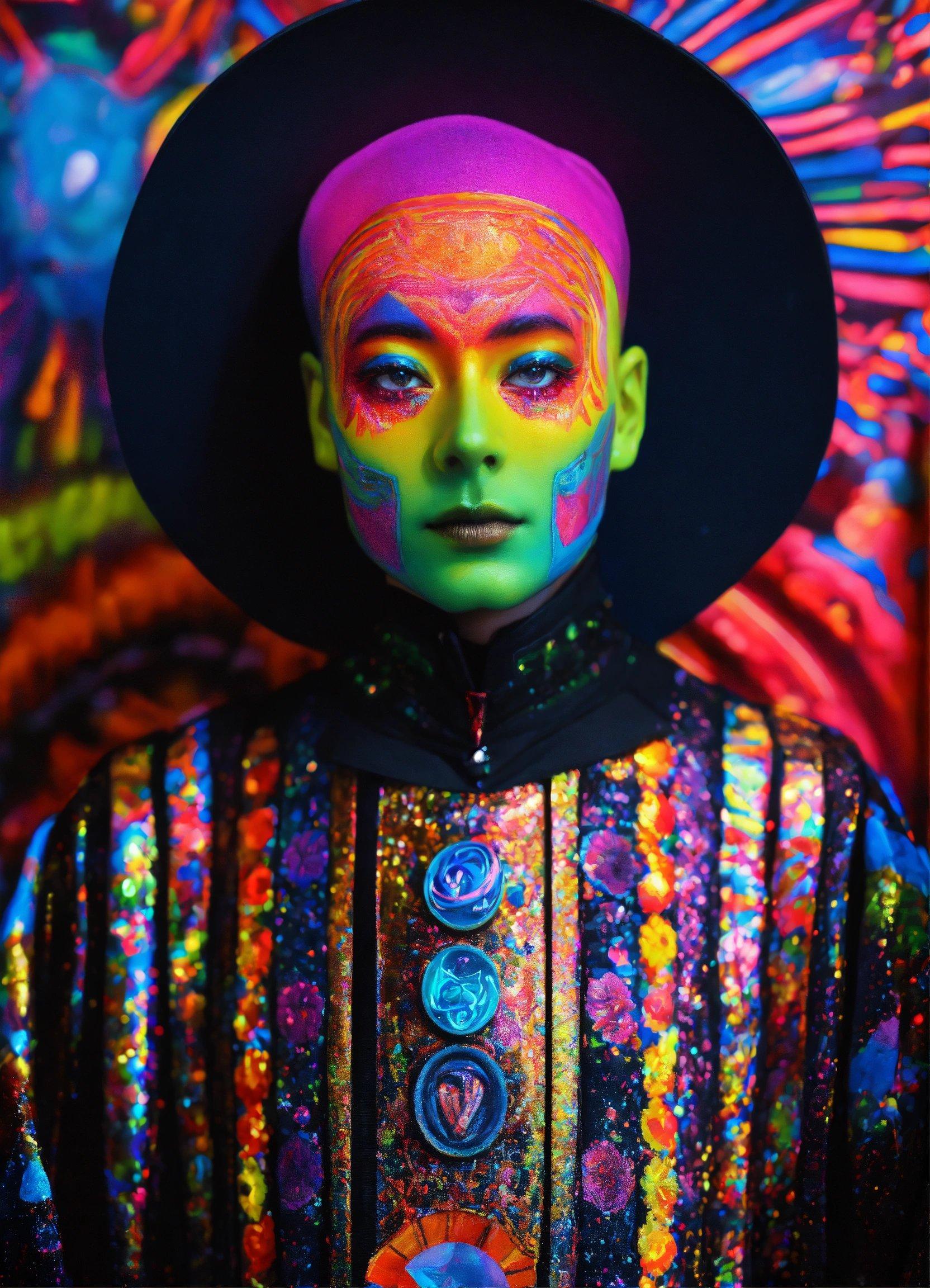 A Man In A Black Hat And Colorful Makeup