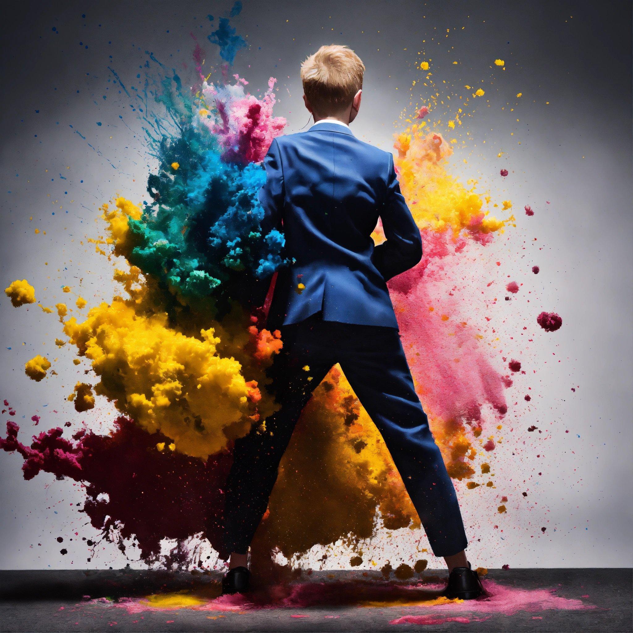 A Man In A Blue Suit Standing In Front Of Colored Powder