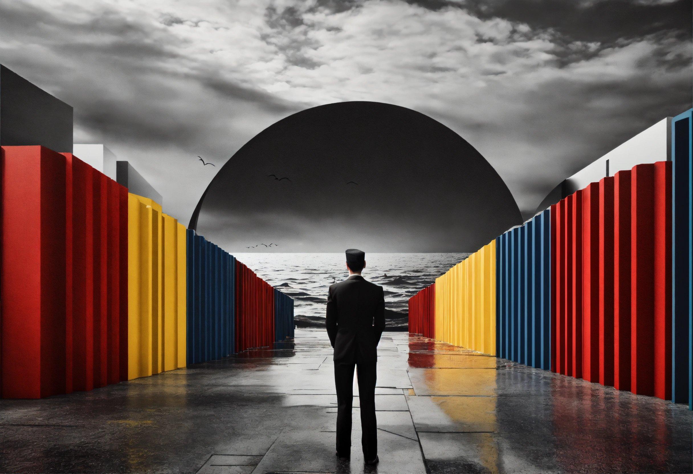 A Man In A Suit Standing In Front Of A Row Of Colorful Doors