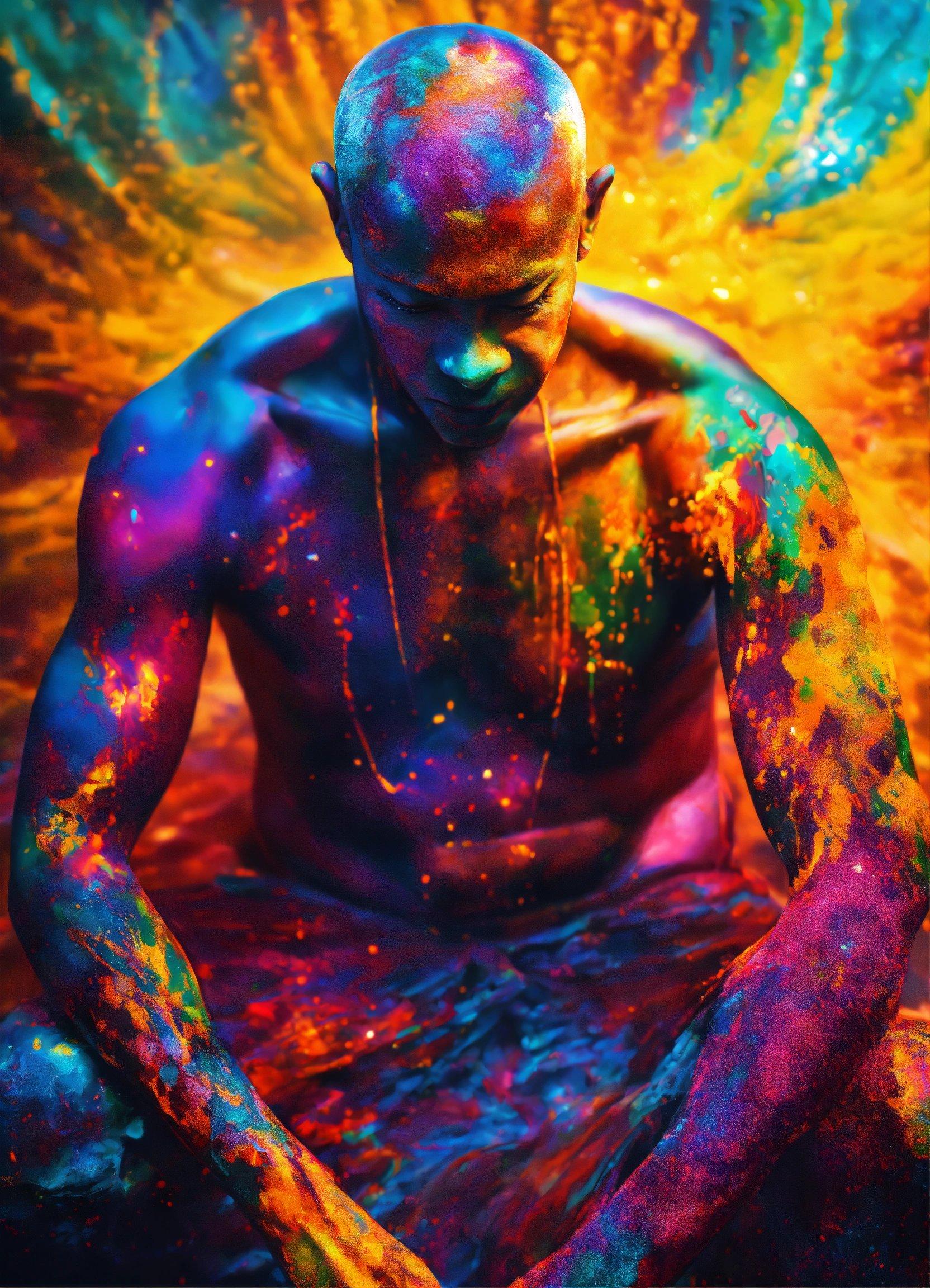 A Man Sitting On The Ground Covered In Paint