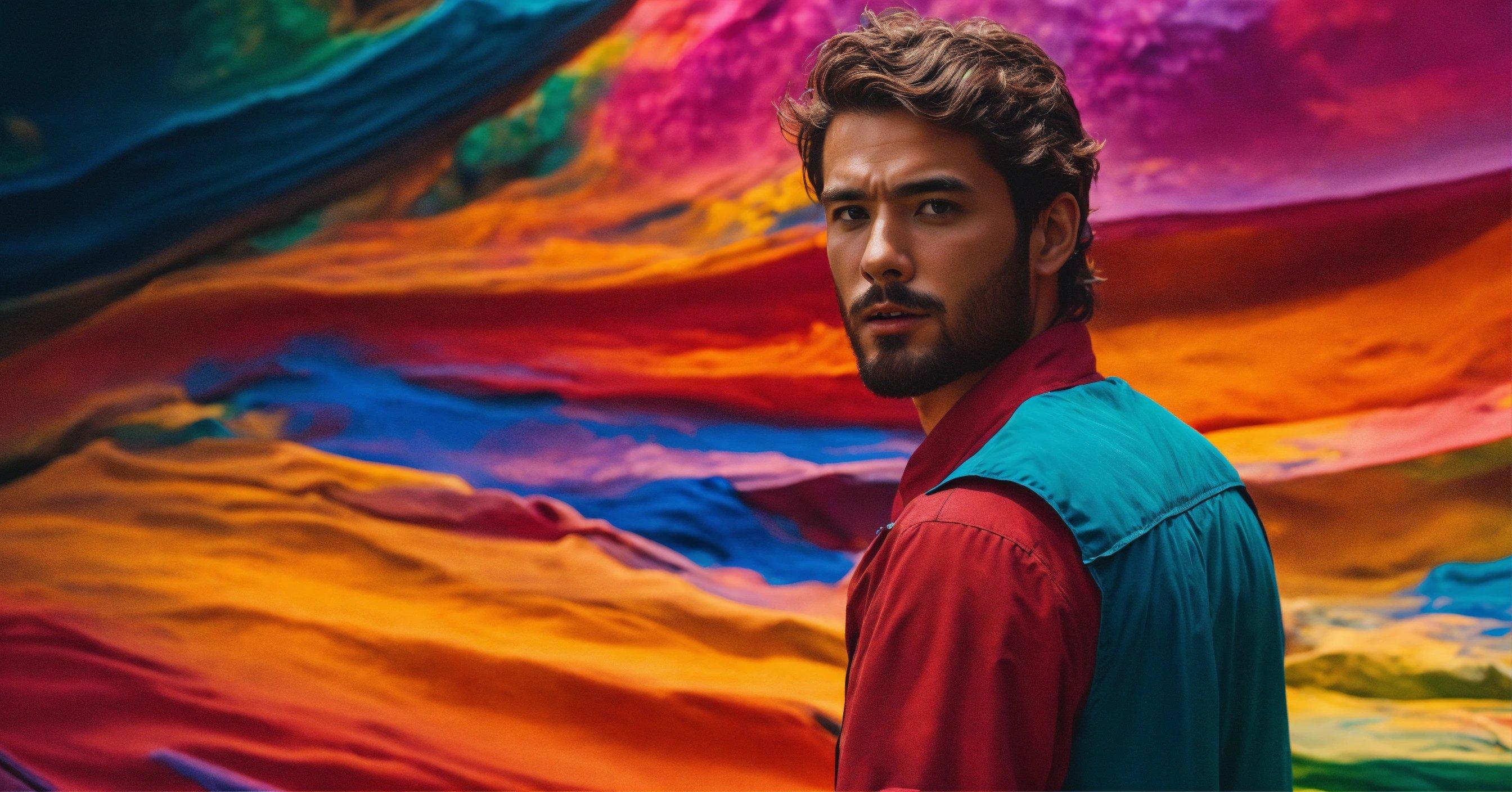 A Man Standing In Front Of A Multicolored Background