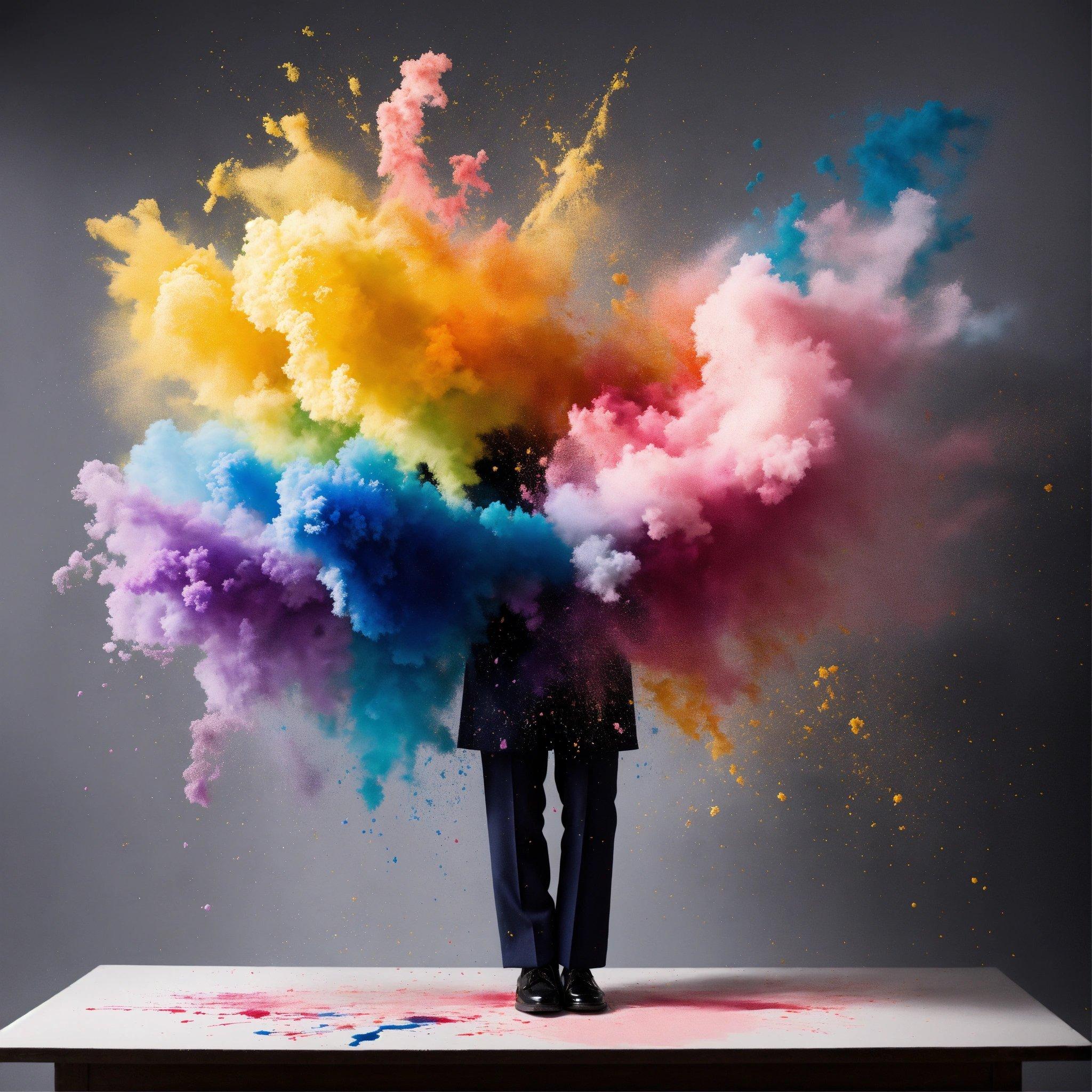 A Man Standing In Front Of A Table Covered In Colored Powder