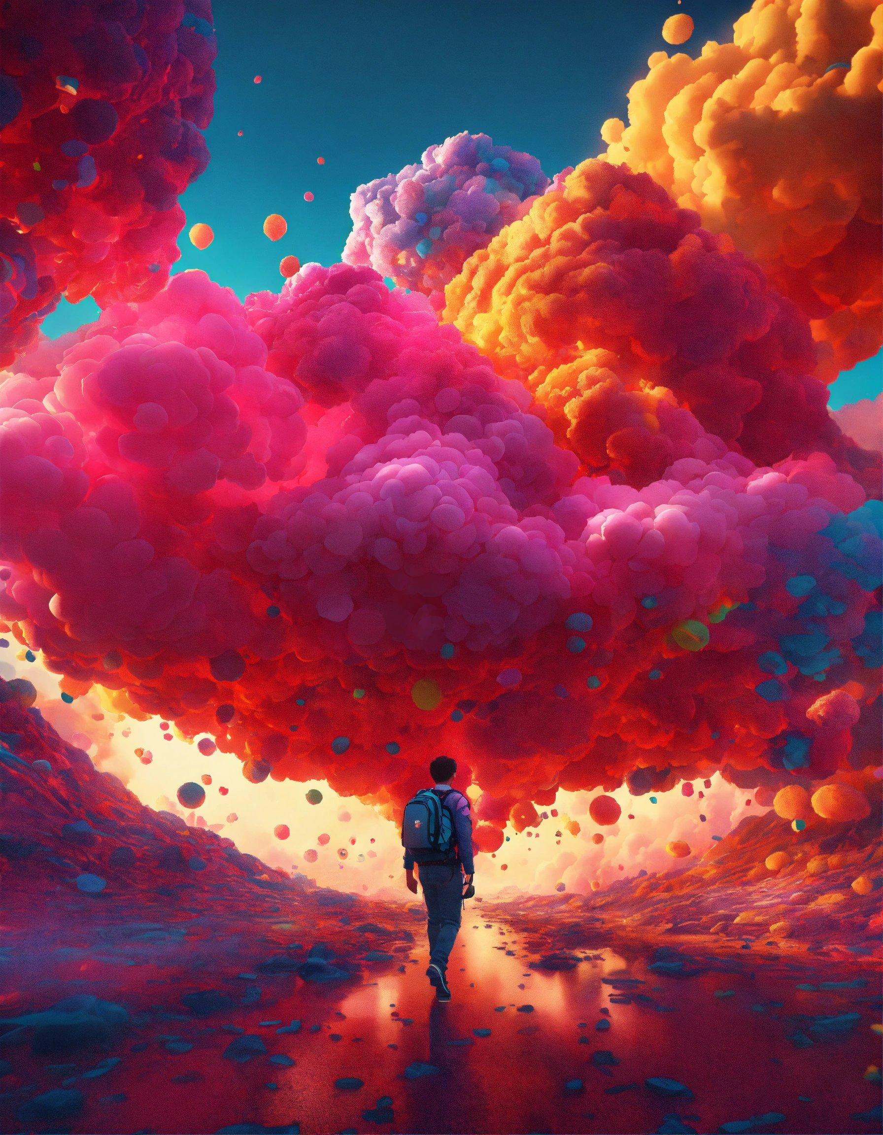 A Man Walking Through A Colorful Cloud Filled Sky