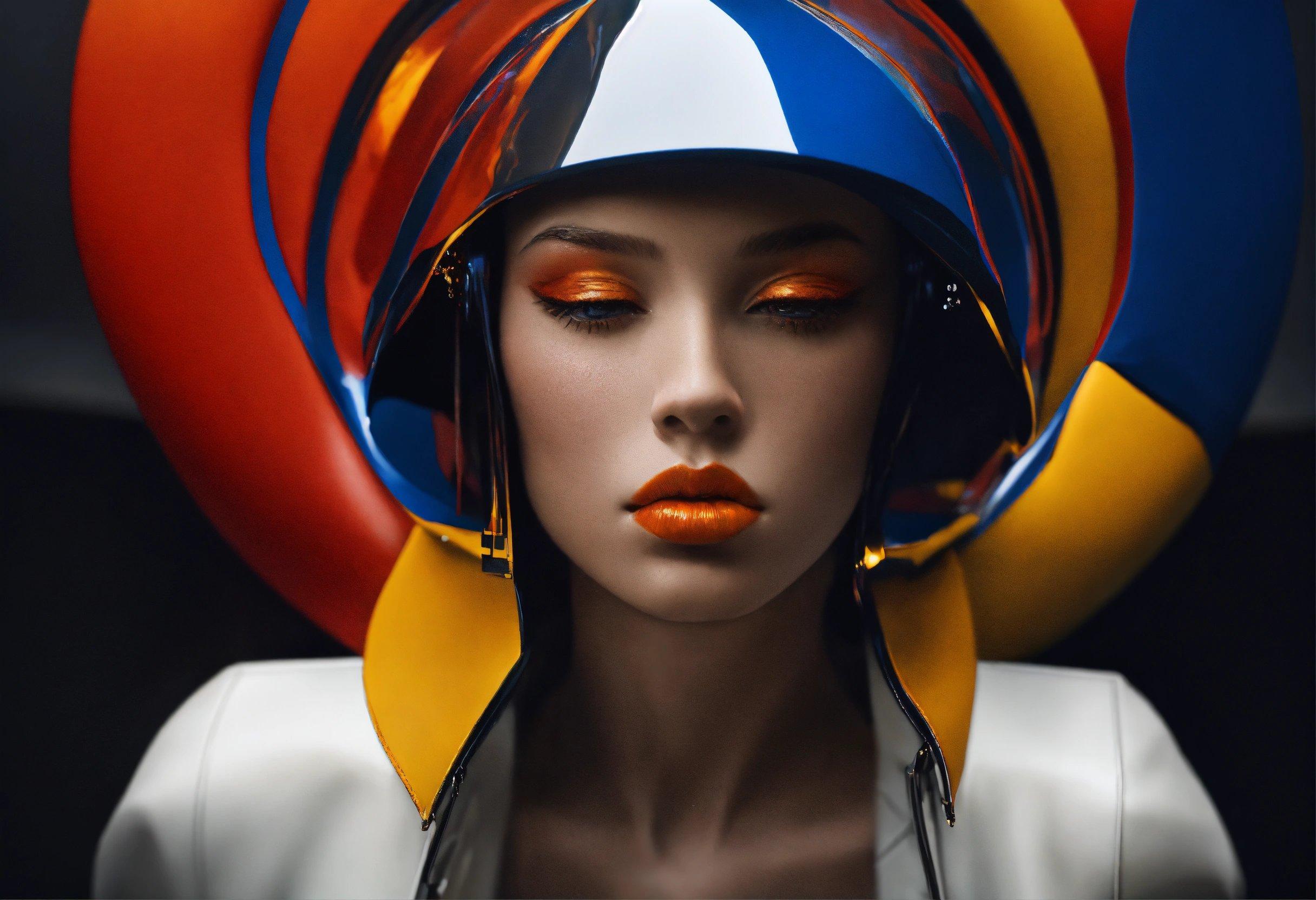 A Mannequin Wearing A Helmet And Orange Lipstick