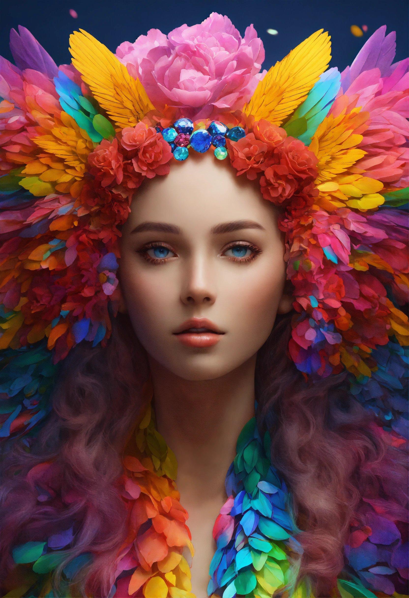 A Mannequin With Colorful Feathers And Flowers On Her Head