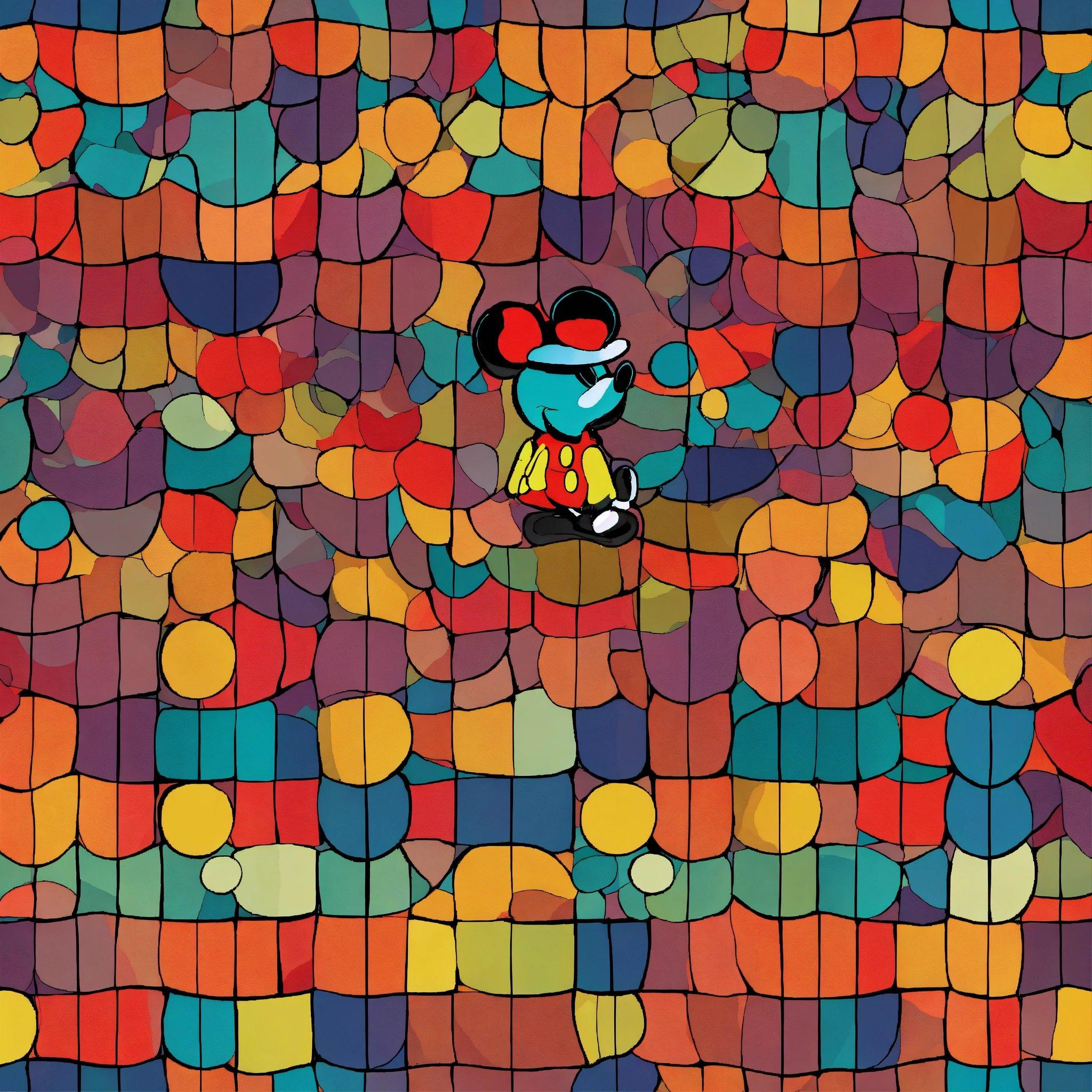 A Mickey Mouse Standing In Front Of A Multicolored Background