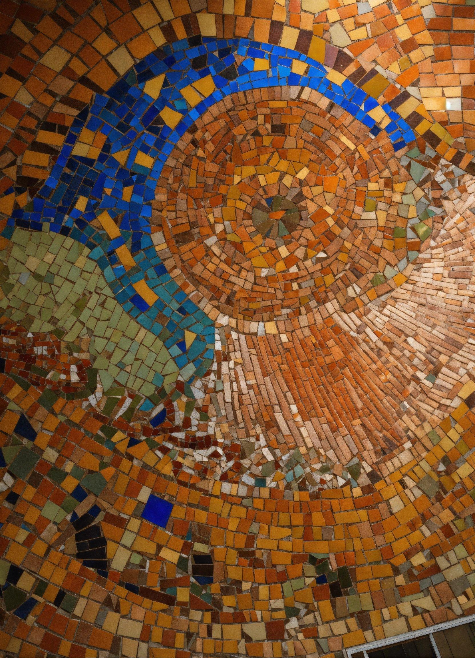 A Mosaic Wall With A Blue Circle On It