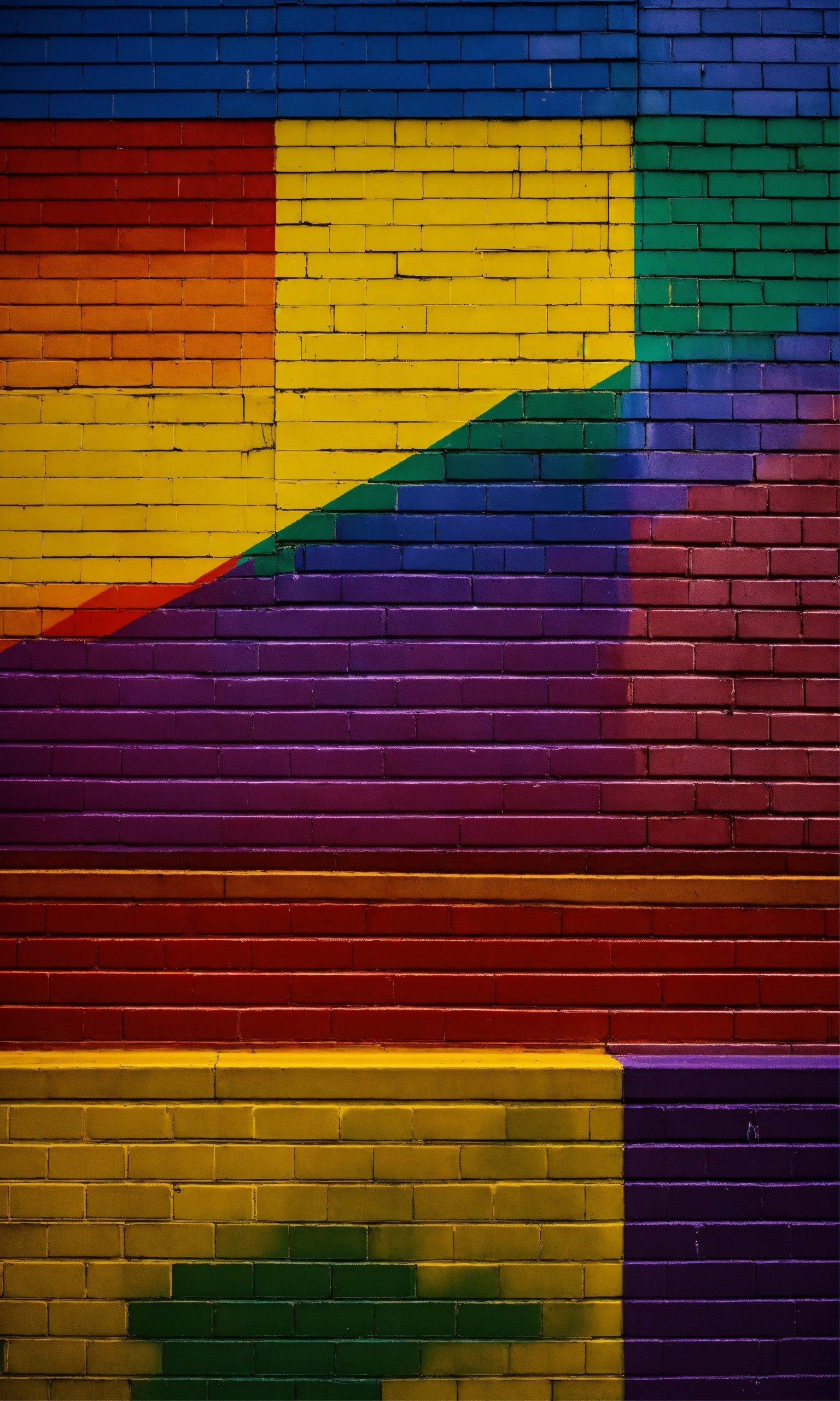 A Multicolored Brick Wall With A Bench In Front Of It