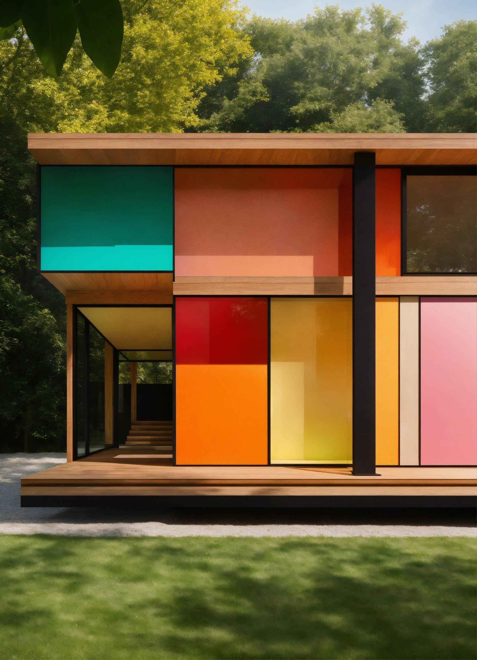 A Multicolored Building Sitting On Top Of A Lush Green Field