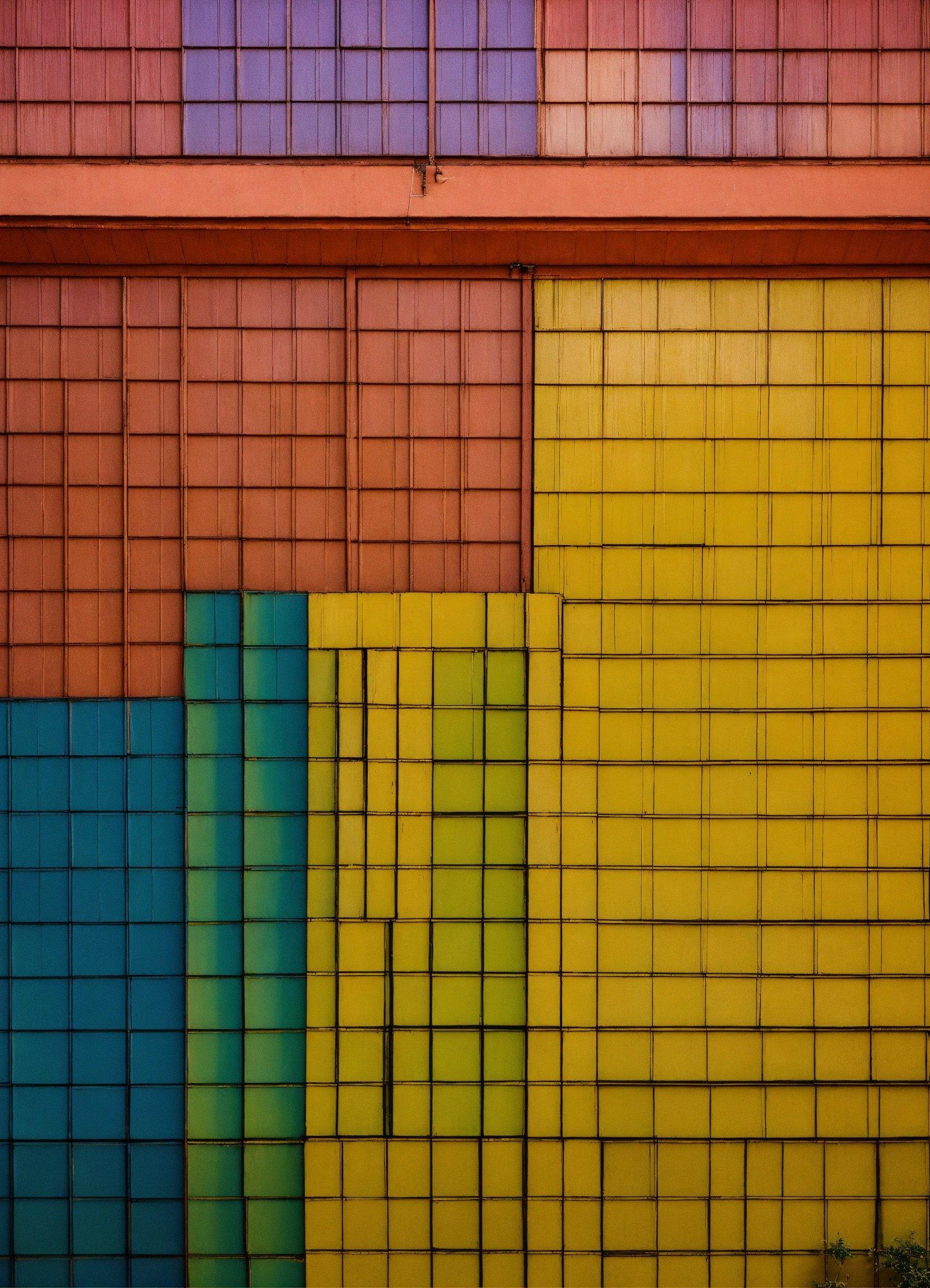 A Multicolored Building With A Red Door