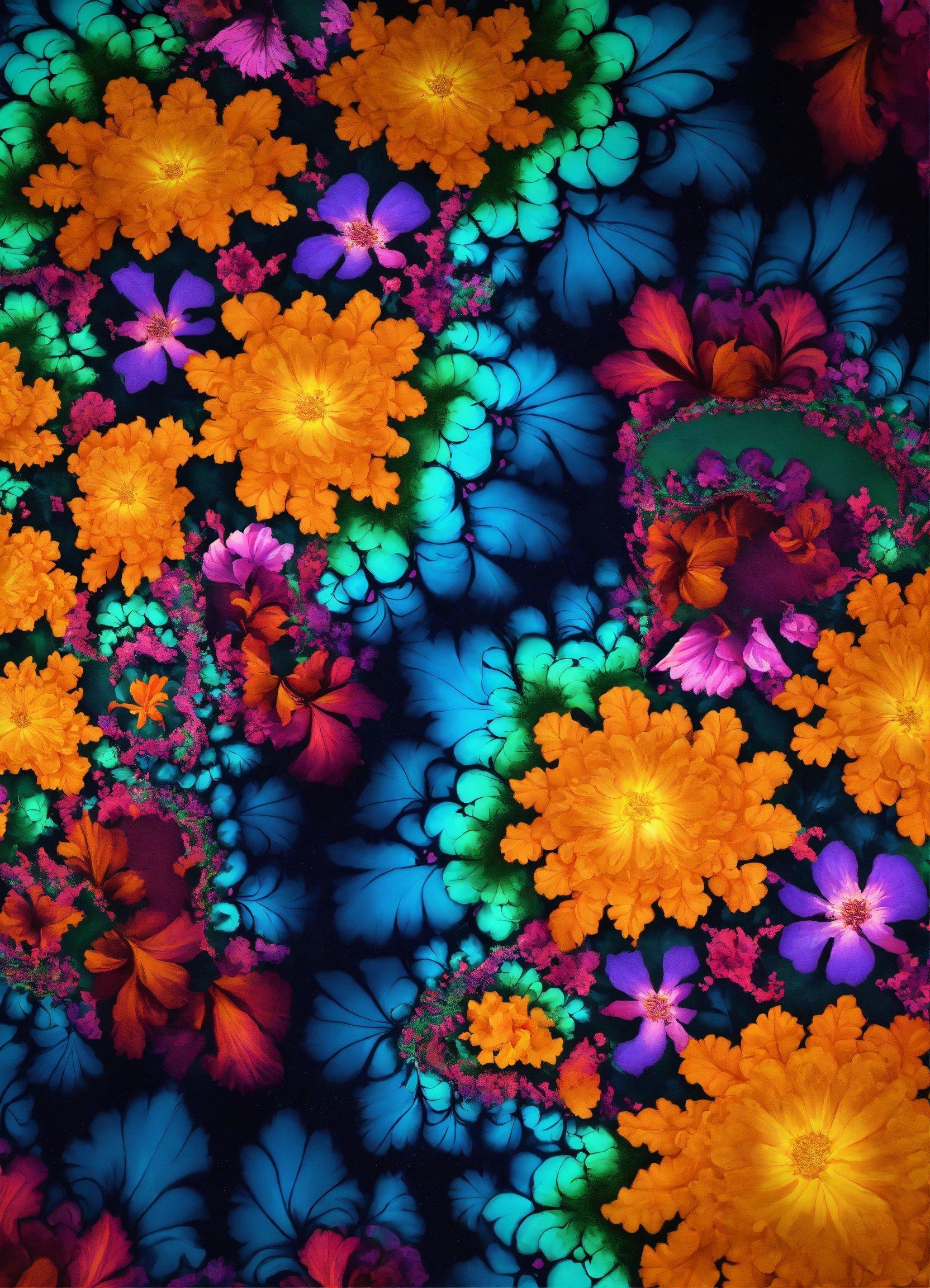 A Multicolored Pattern Of Flowers On A Black Background