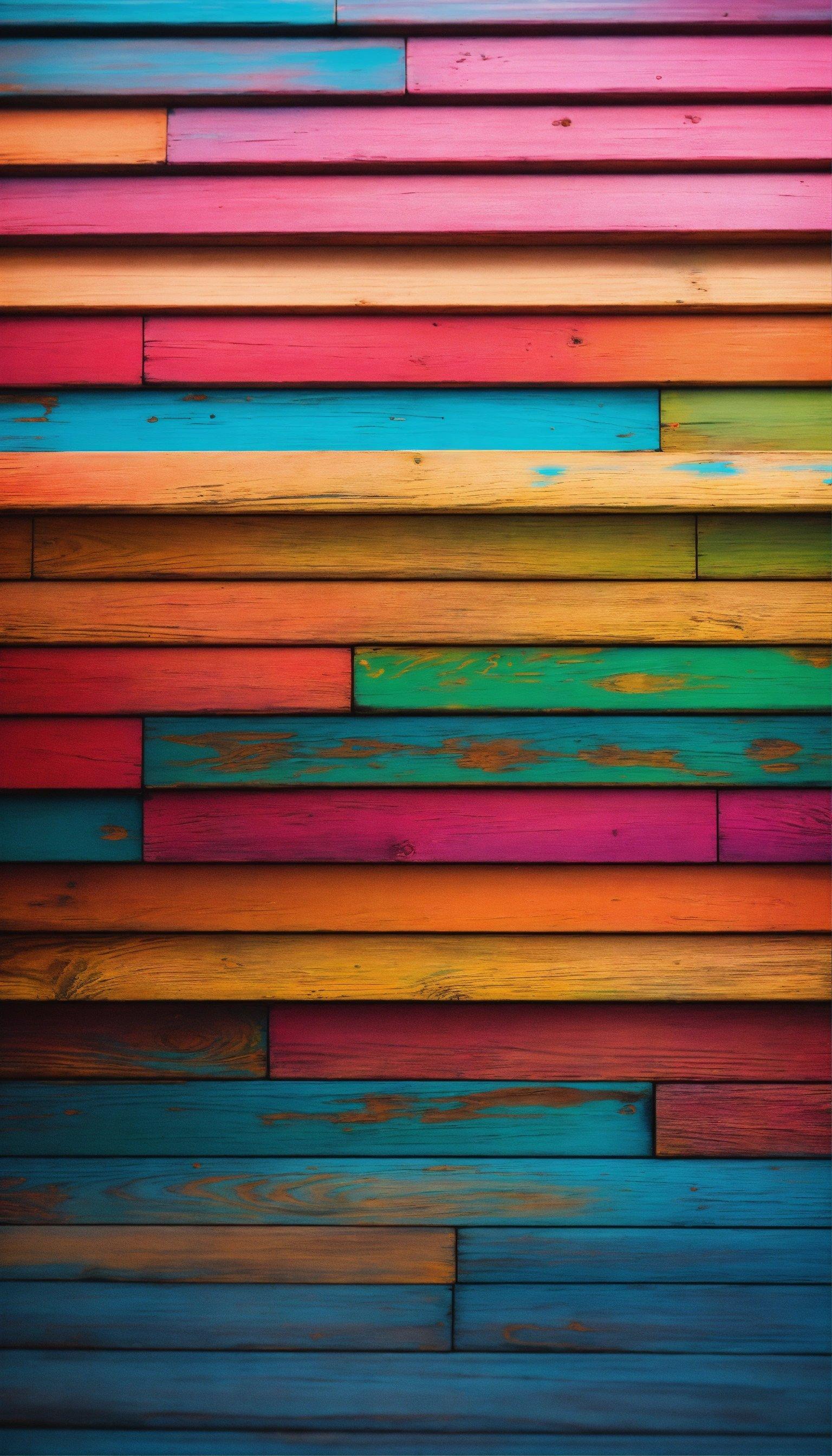 A Multicolored Wooden Wall With A Blue Sky In The Background