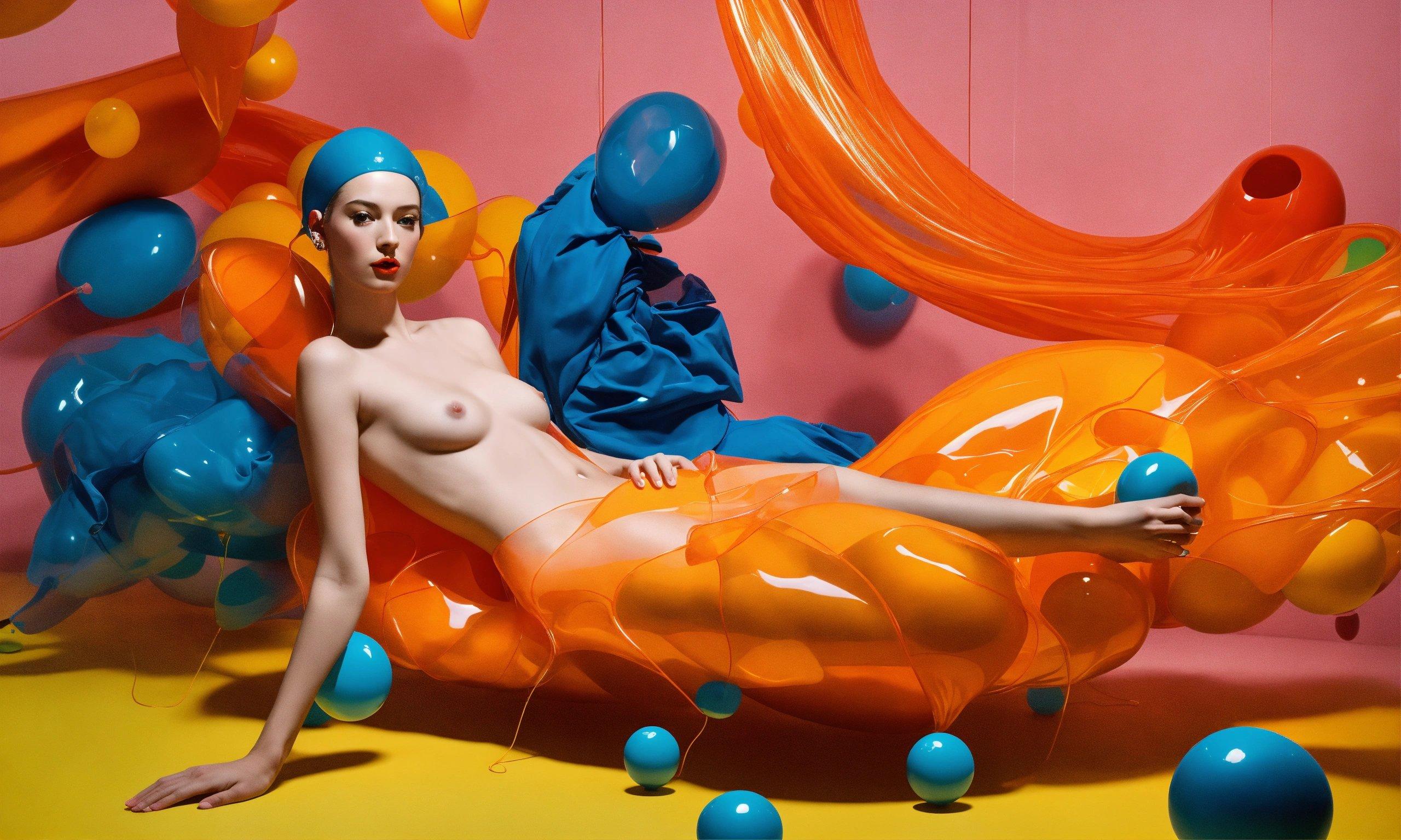 A Naked Woman Laying On Top Of A Bed Surrounded By Balloons