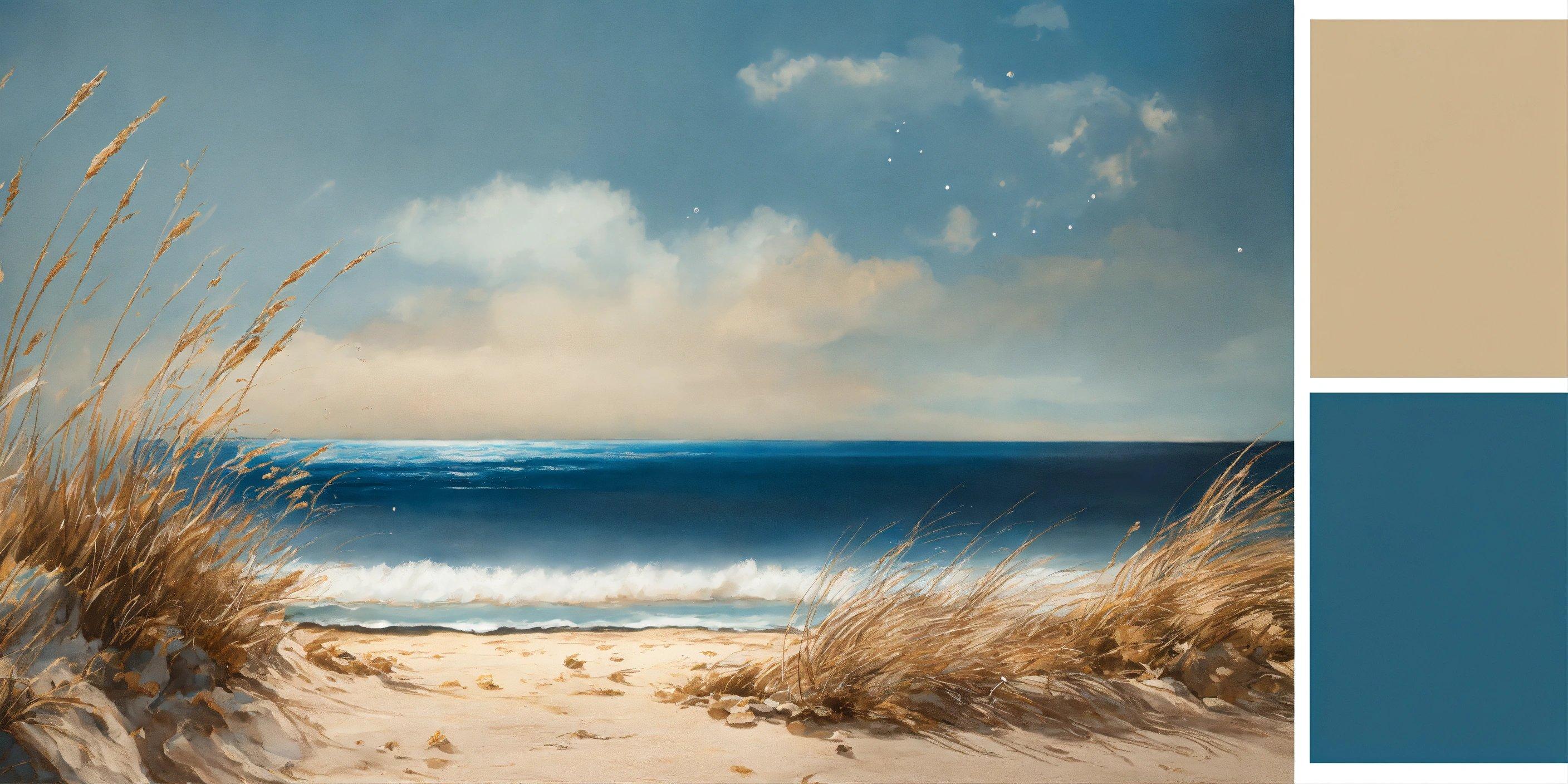 A Painting Of A Beach Scene With Blue, Beige, And White Colors