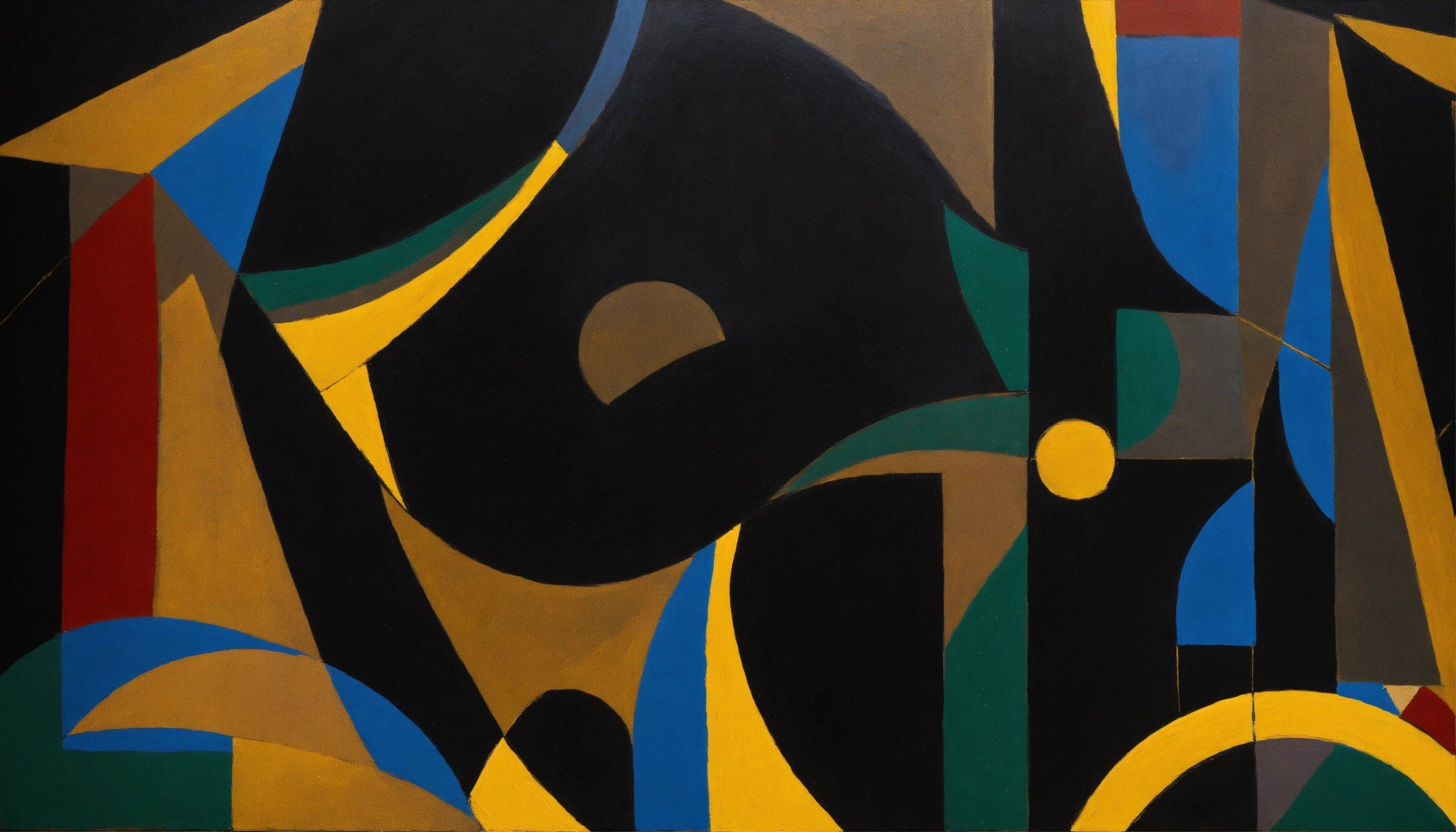 A Painting Of A Black, Yellow, Green, And Blue Abstract Design