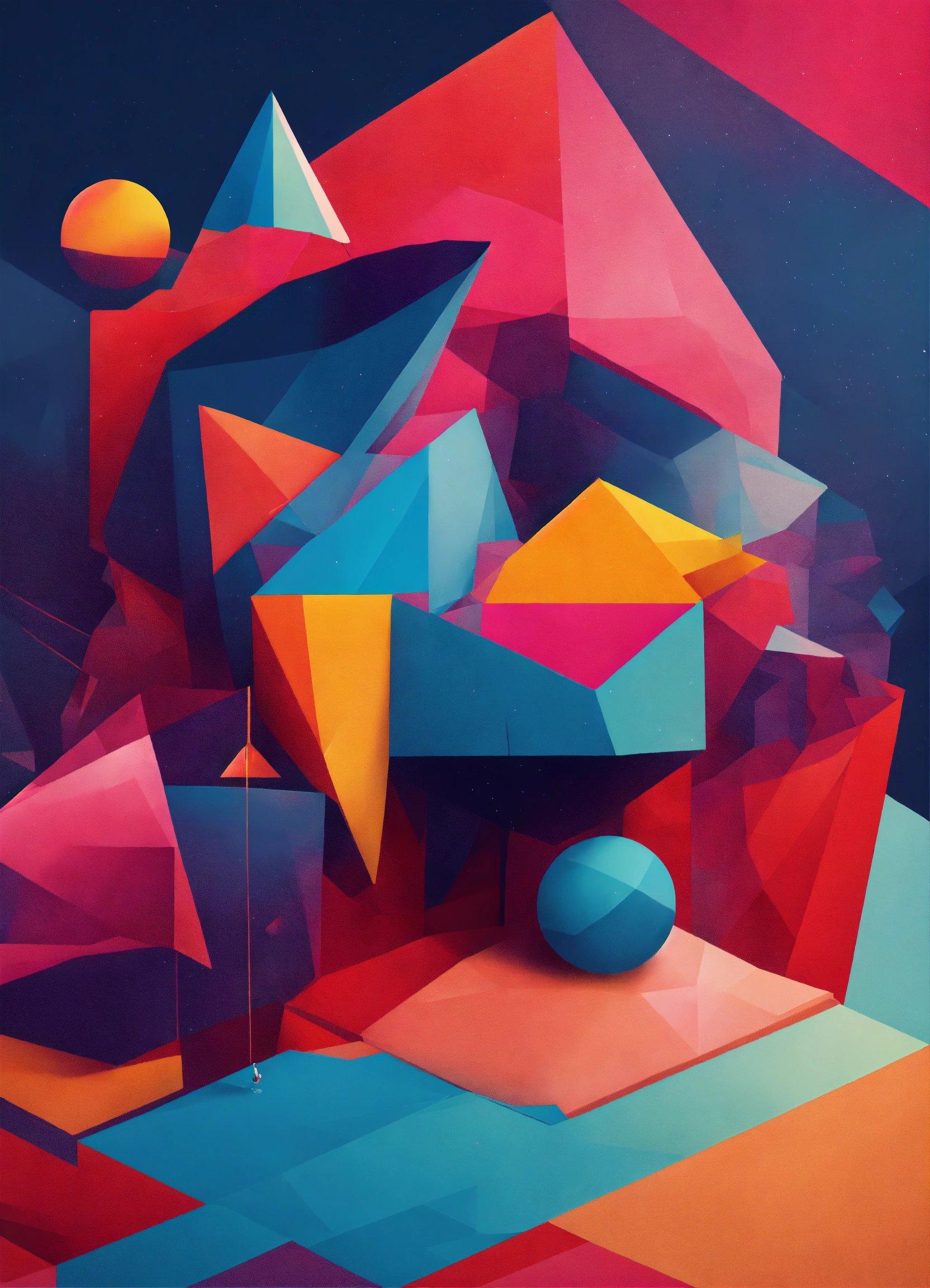 A Painting Of A Blue Ball And Some Red And Yellow Shapes