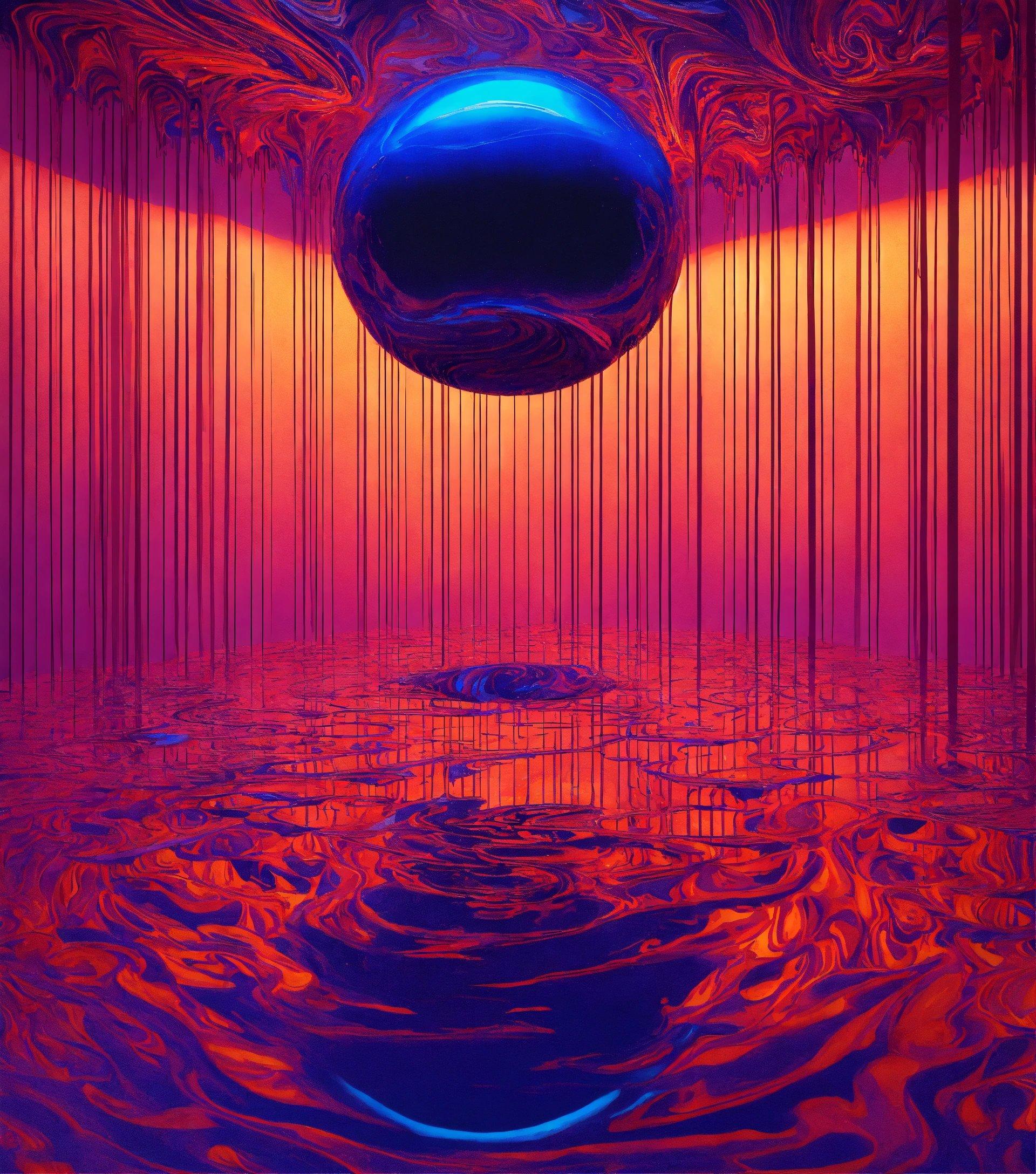 A Painting Of A Blue Ball Floating In The Air