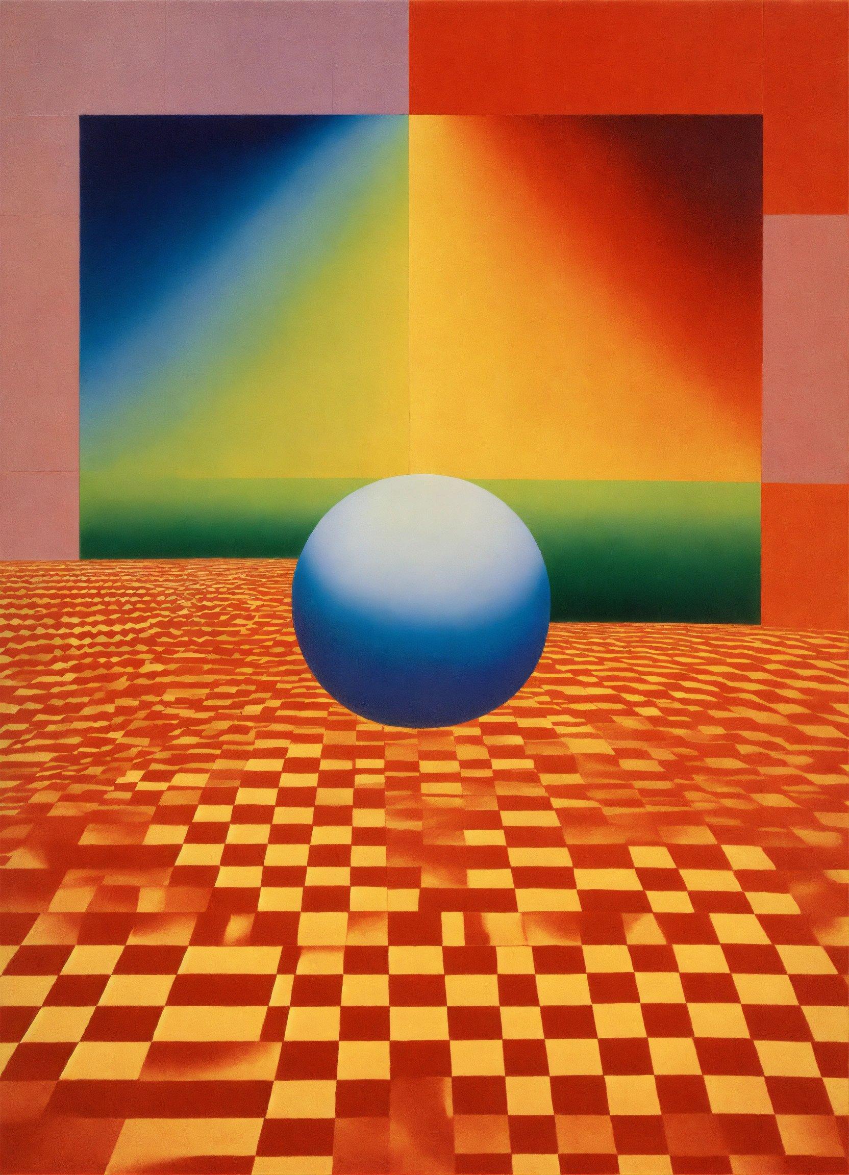 A Painting Of A Blue Ball On A Checkered Floor